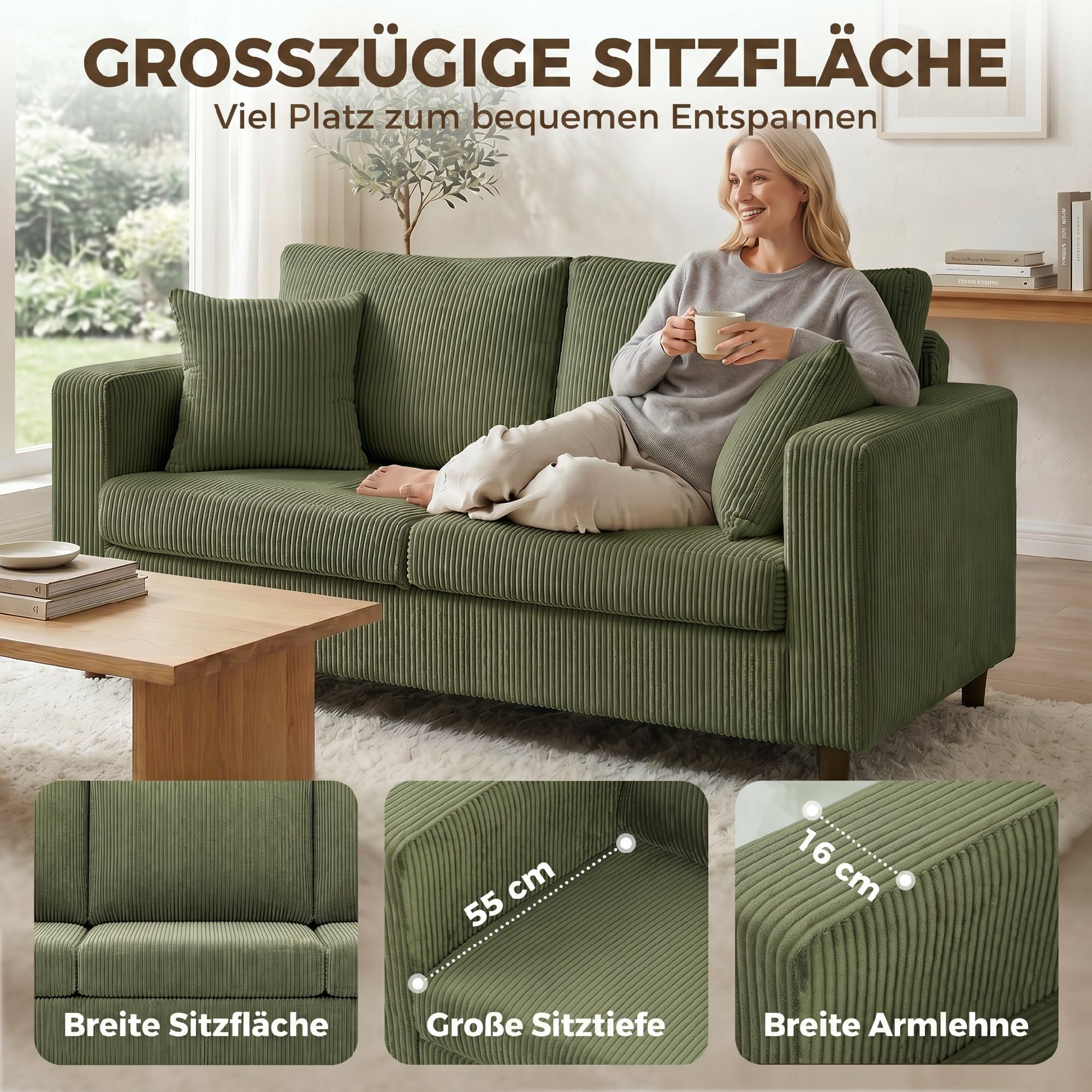 HOMCOM 2-Sitzer-Sofa Bequemes Cordsofa mit Breiten Armlehnen 170 cm Grün