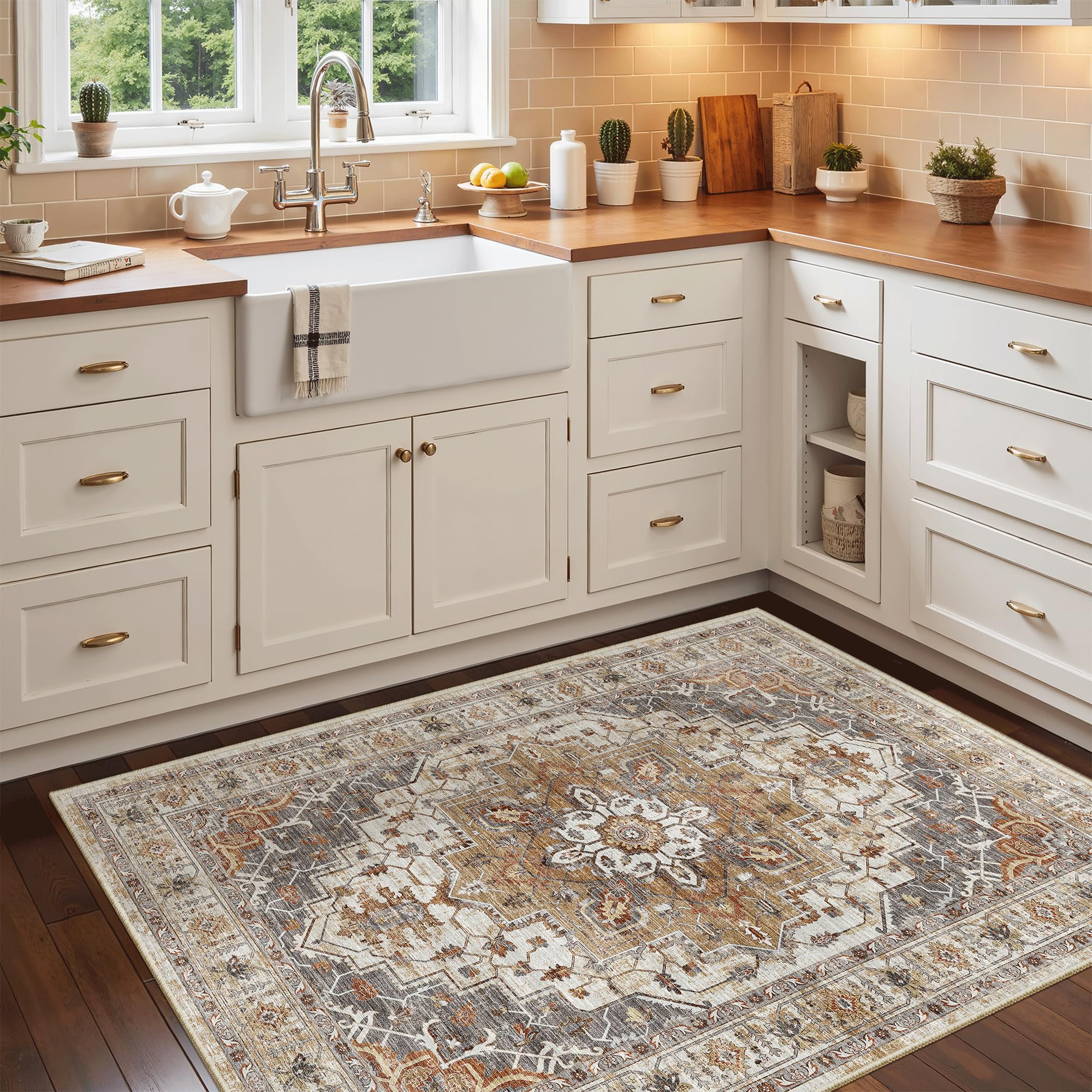 Madane Washable Entry Rug 3x4, Area Rugs for Entryway Kitchen Bathroom Door Mat Indoor Entrance, Vintage Floral Print Office Runner with Non Slip Rubber Backing, Turmeric/Grey