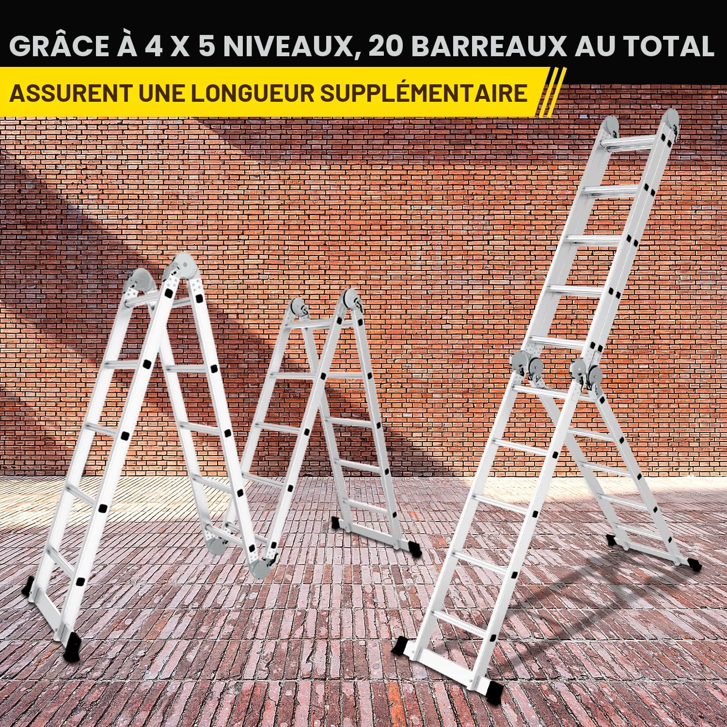 Herrselsam Échelle multifonction 4 x 5, 7 en 1 - 582 cm - En aluminium - Avec 2 plateformes et roues - Charge maximale : 150 kg - Échelle multifonction 20 échelons DY8973-M-1x