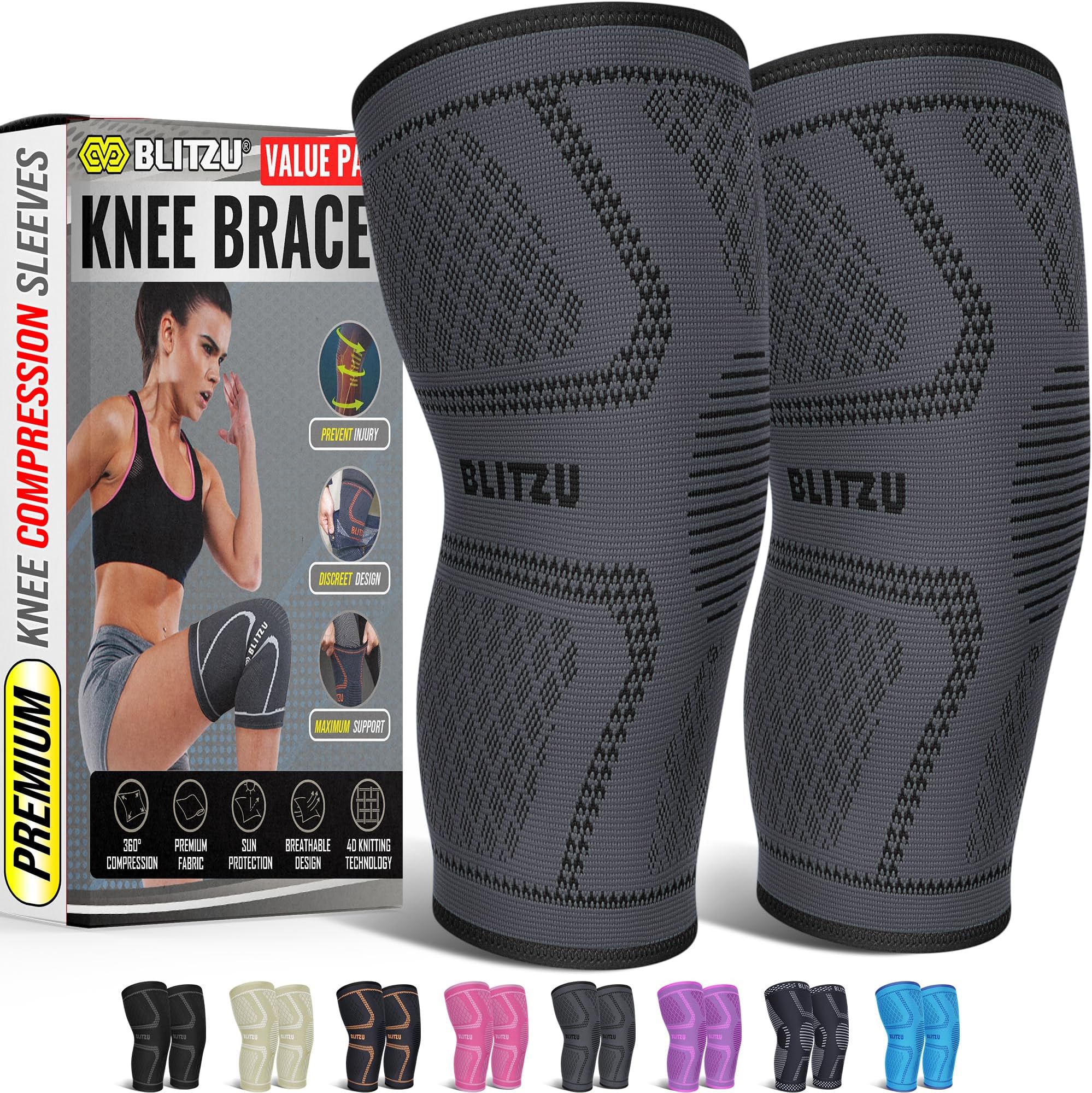 BLITZU Knee Sleeves for Men and Women 2 Pack, Compression Knee Brace for Running, Workout, Sports, Knee Braces for Meniscus Tear, ACL, Arthritis, Joint Pain Relief and Injury Recovery Grey S