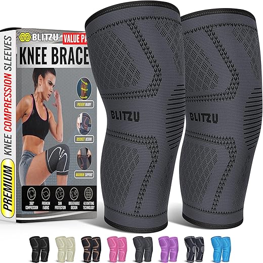BLITZU Knee Compression Sleeve for Men & Women – Best Knee Brace Support for Running, Gym, Workout, Fitness, Weightlifting. Joint Pain Relief, Arthritis, ACL, Meniscus Tear, Injury Recovery Gray L