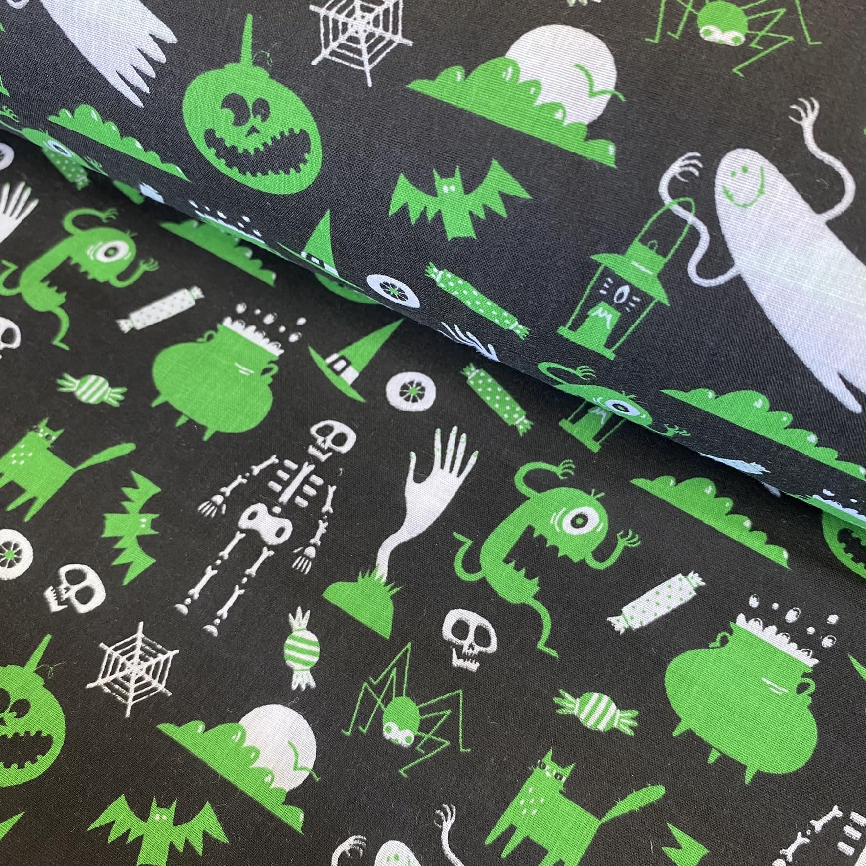 Kayes Textiles Black Ghosts And Ghouls Halloween Polycotton Fabric, For Sewing, Quilting, Crafts, Home Décor (Black)