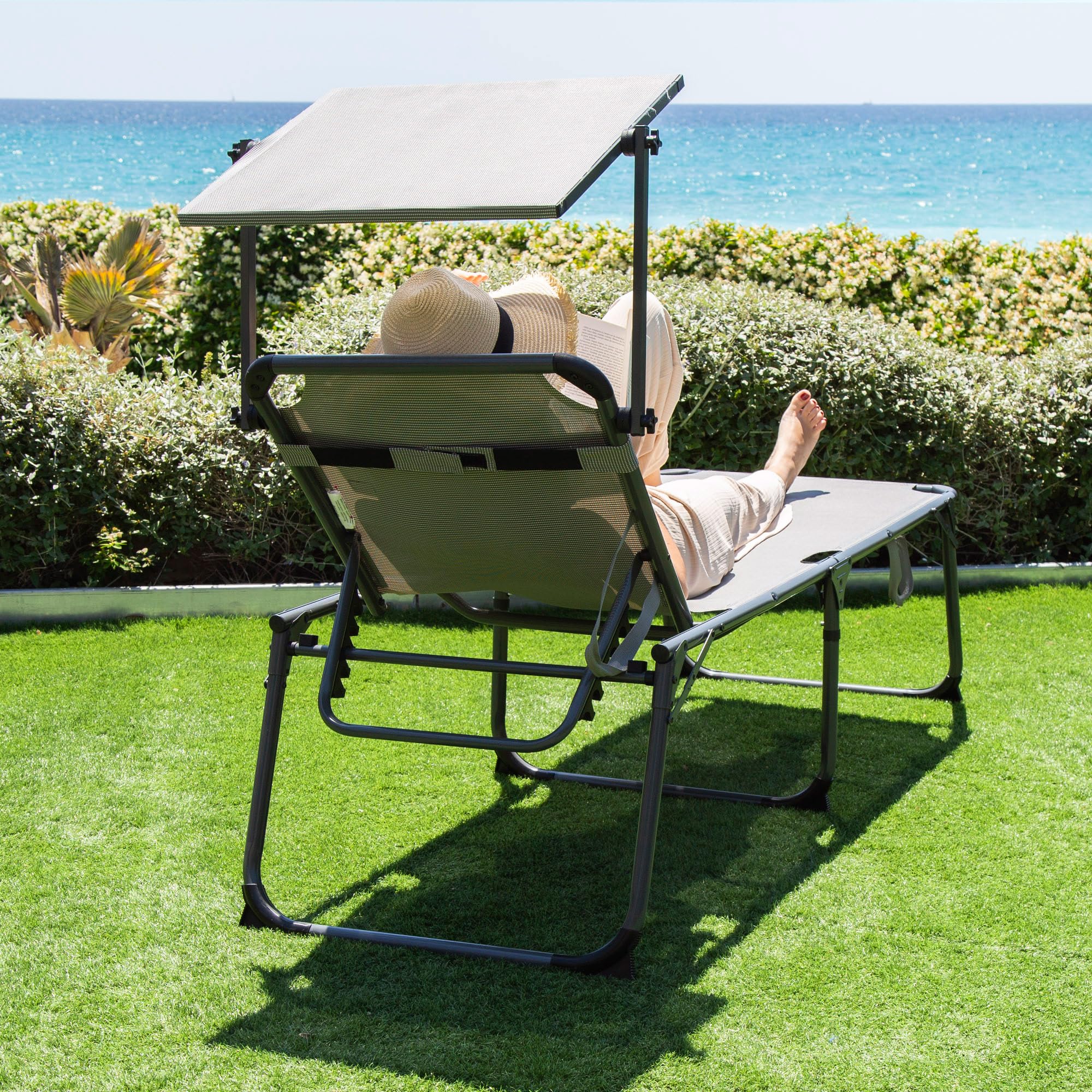 AKTIVE 62613 - Tumbona plegable de playa con parasol, Tumbona de playa con cojín, 193x67x48/96 cm, altura del asiento 48 cm, color gris, tumbona plegable, 5 posiciones, peso máx 100 kg