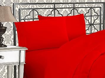 Elegant Comfort Luxurious 1500 Premium Hotel Quality Microfiber Three Line Embroidered Softest 4-Piece Bed Sheet Set, Wrinkle and Fade Resistant, Full, Red