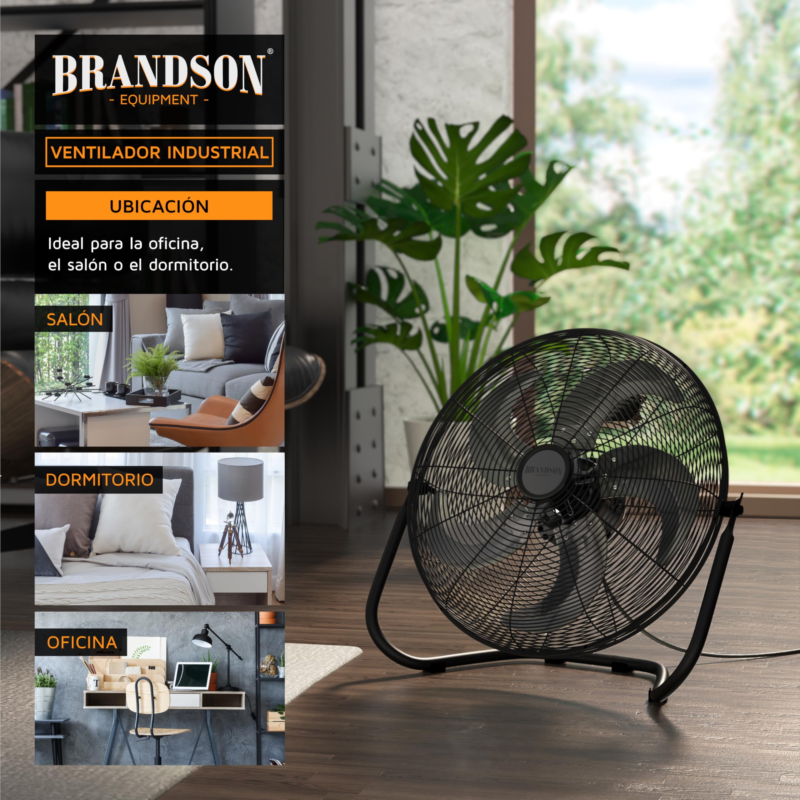 Brandson - ventilador de suelo estilo retro 120 Watt - ventilador industrial 50cm - alto flujo de aire - inclinable y versátil - negro mate