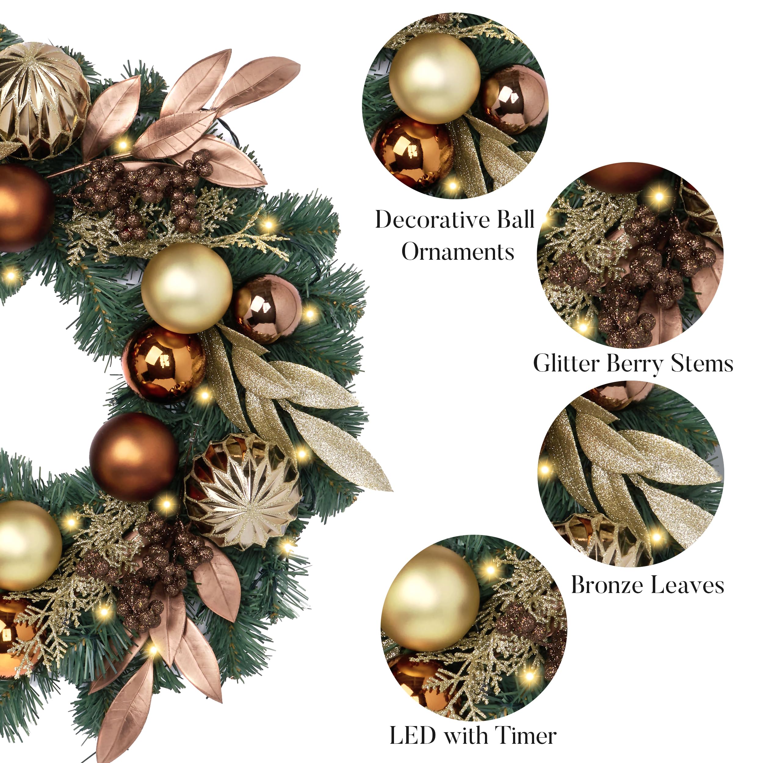 Valery Madelyn Couronne de Noël pré-éclairée pour porte d'entrée avec lumières, grande couronne de Noël éclairée de 50,8 cm avec boules en cuivre bronze doré pour cheminée, fenêtre, table d'extérieur,