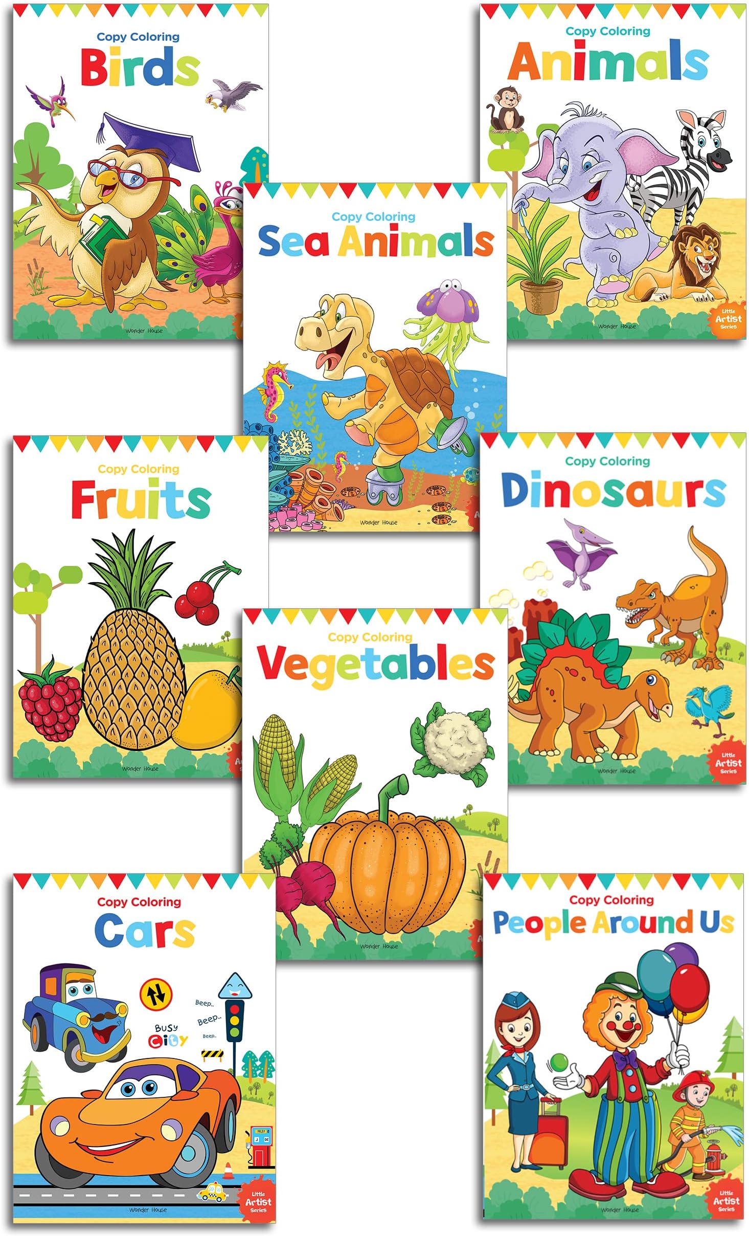 Little Artist Copy Colouring pack: Birds / Sea Animals / Animals / Fruits / Vegetables / Dinosaurs / Cars / People Around Us Paperback – Coloring Book, 15 July 2018