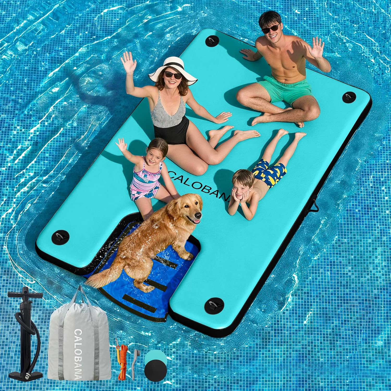 CALOBANA Inflatable Floating Dock with Dog Ramp, Inflatable Island Floats with Boat Ramp for Adults & Pets, Heavy Duty Lake Dog Floats Raft Pool Dock Platform with Ladder for Sea or River,Party