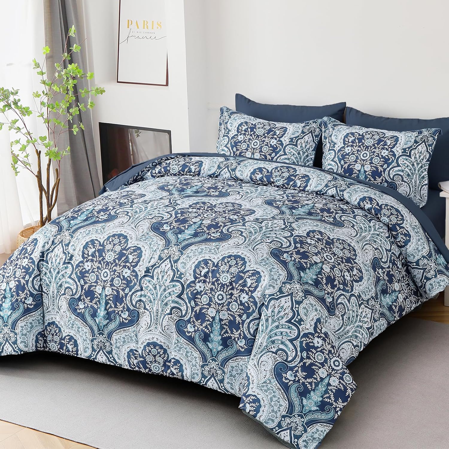 Drucon Paisley Comforter Set Queen Size, 7 Pieces Bed in a Bag Blue Boho Comforter, Soft Lightweight Microfiber Bedding Set (1 Comforter, 1 Flat Sheet, 1 Fitted Sheet, 2 Pillow Shams, 2 Pillowcases) - Image 2