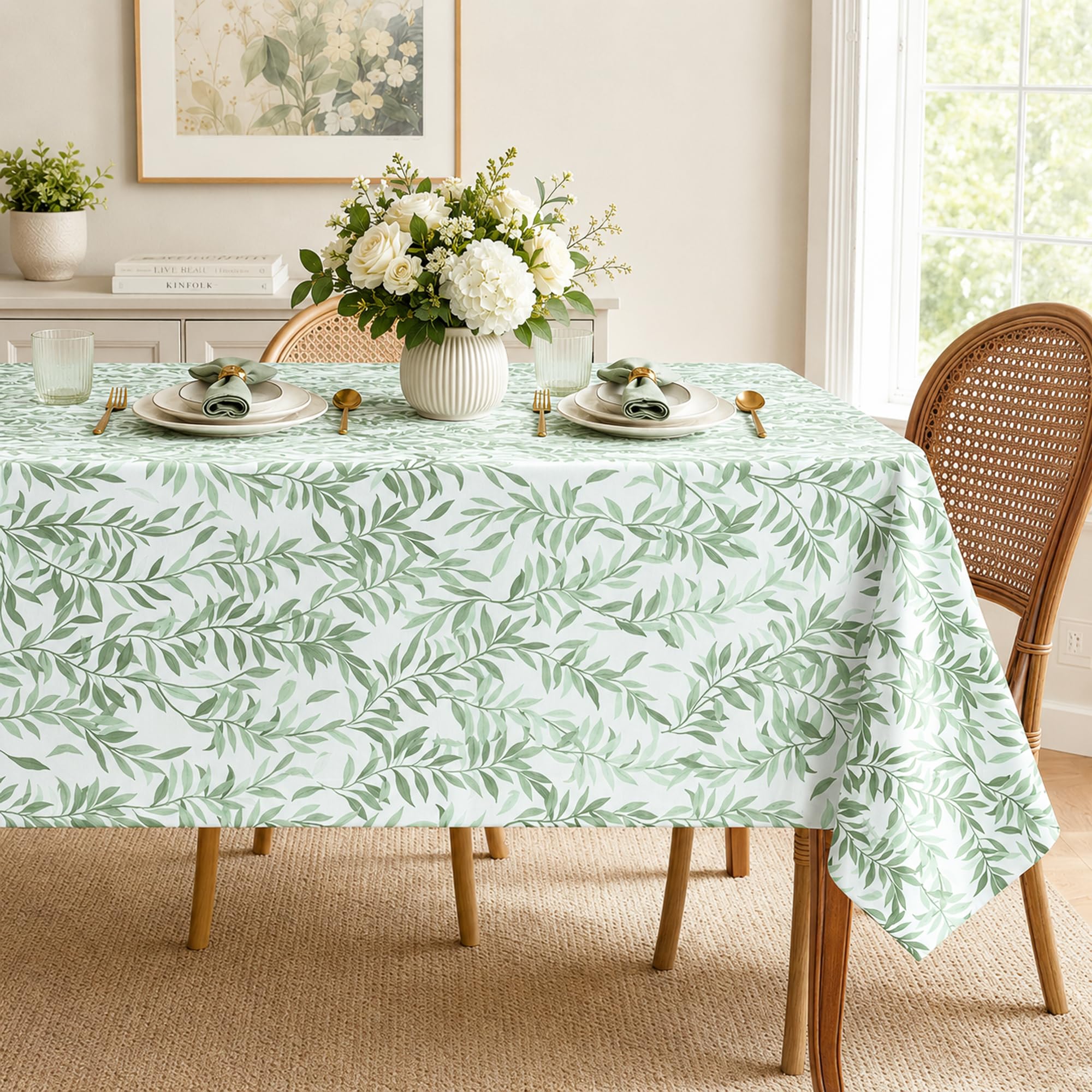 Arquiel Sage Green Leaf PVC Table Cloth Waterproof Rectangle 140 * 180cm