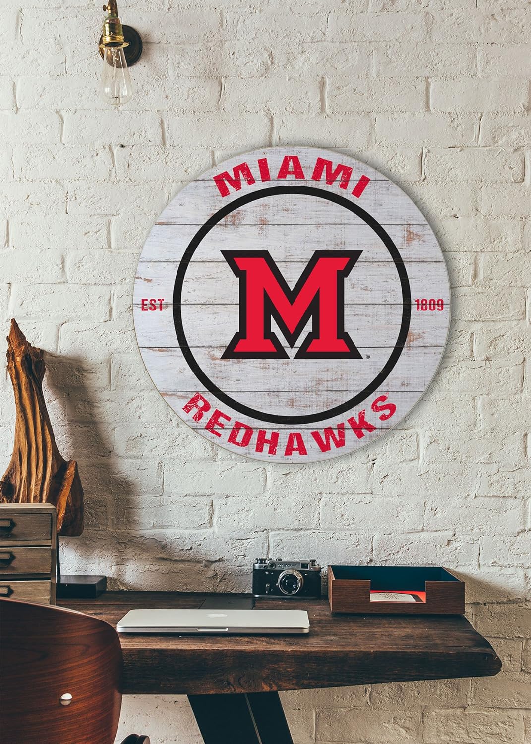 KH Sports Fan Miami University Redhawks Weathered Circle Sign, 20x20 Inches, Redhawks Decor; Display Your Team Spirit with This Unique Miami of Ohio Redhawks Wall Art