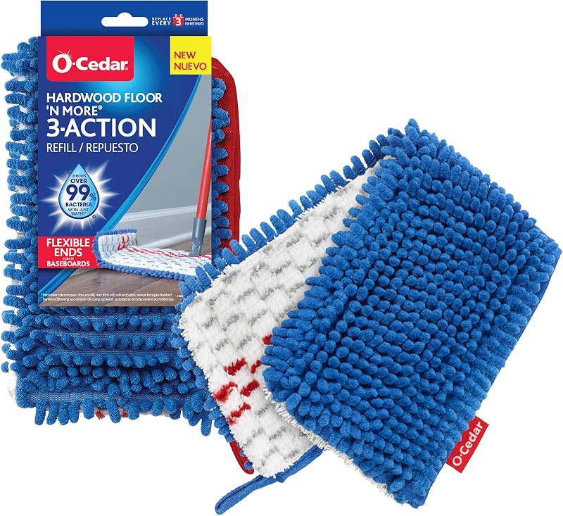 O-Cedar Genuine Hardwood Floor 'N More 3-Action Flip Mop Head Replacement | Machine Washable | Reusable | Microfiber Refill | Removes 99% of Bacteria