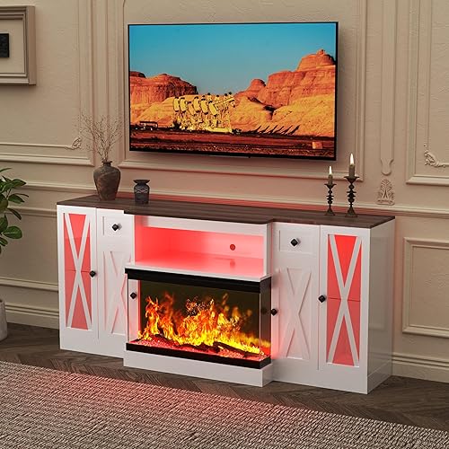 Soporte de TV eléctrico de cristal de 3 lados con chimenea eléctrica, centro de entretenimiento con chimenea de 30 pulgadas y luces LED, soportes de