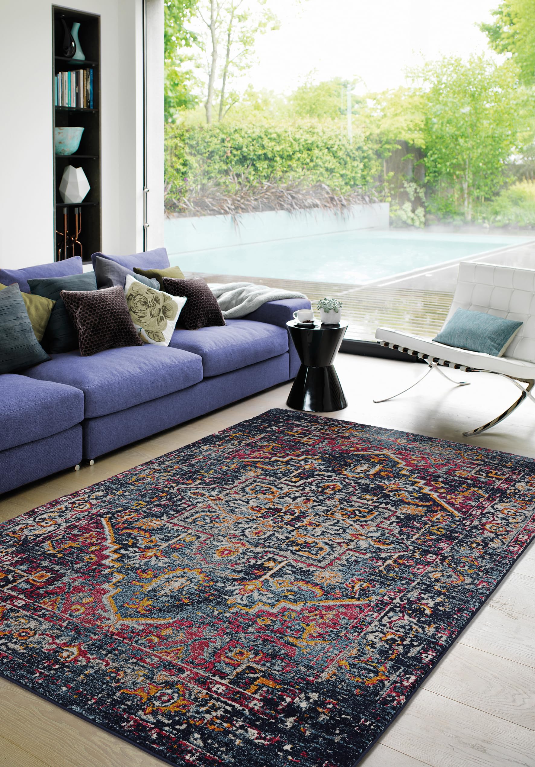 Tapis à poils longs vintage bleu marine grand tapis salon chambre couloir 80x150