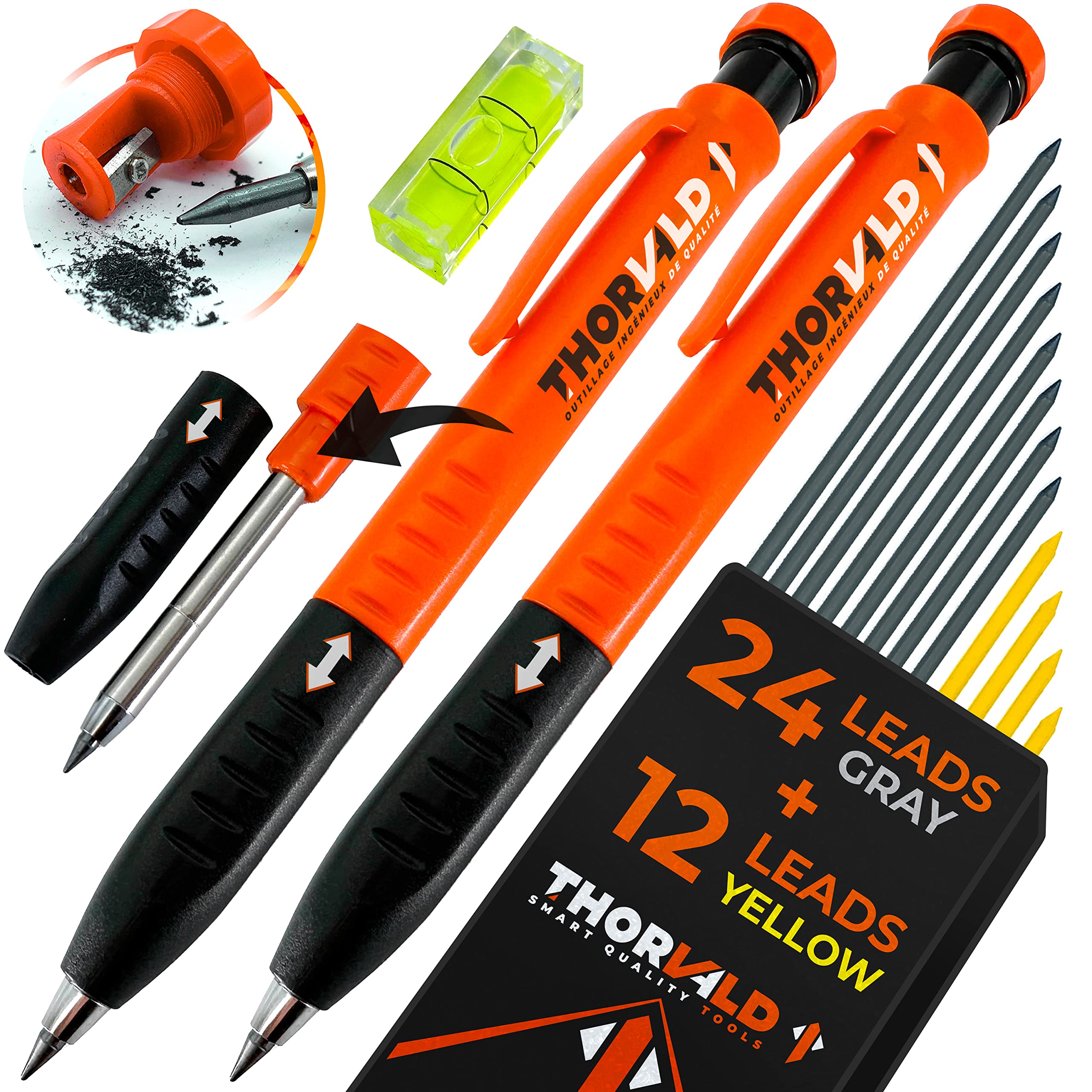 THORVALD 2 Pro Extensible Carpenters Pencil [+ 38 Leads + Lead Sharpener + Easy-Write Grip] For Carpenter Handyman DIY for Drawing Writing Tracing on Wood Metal Concrete Tile