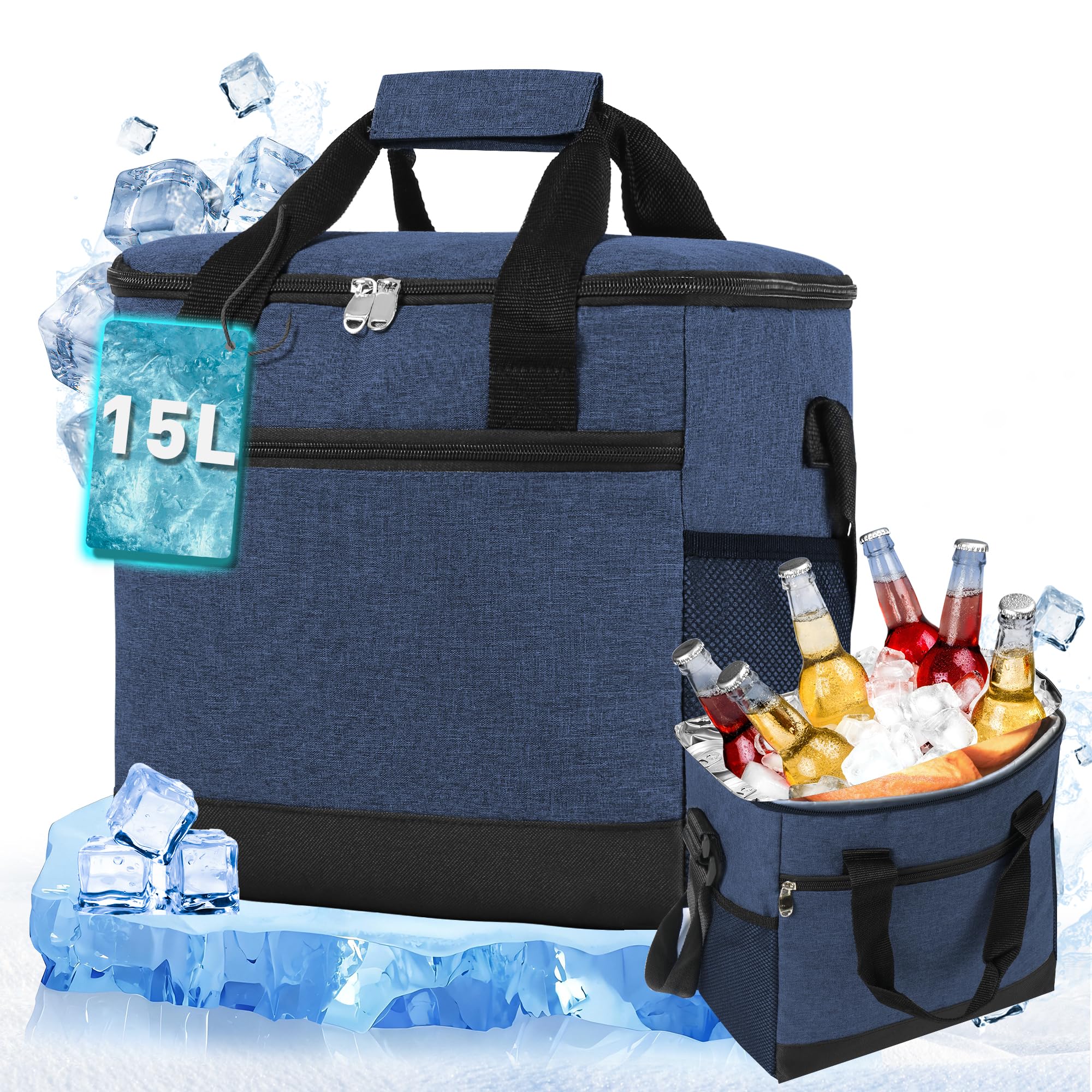 Kühltasche Wählbare Kapazität 15L, Thermotasche Picknicktasche Groß Isolierte Lunchtasche,Kühltasche Klein, Tragbare Cooler Bag Einkaufstasche für Strand/Picknick/Camping (Grau)