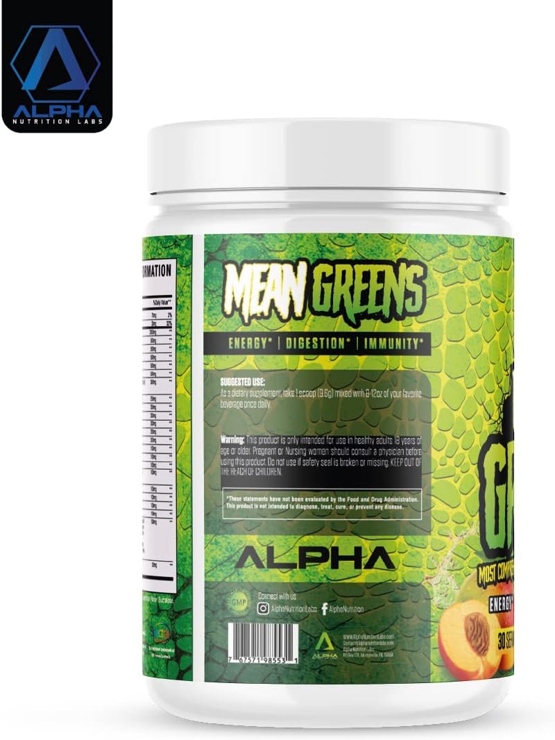 Mean Greens - Sports Greens & Reds Advanced Superfood Powder - Immunity, Gut Health & Digestive Support with Spirulina, KSM-66 Ashwagandha & Spectra - Peach Mango - 30 Servings