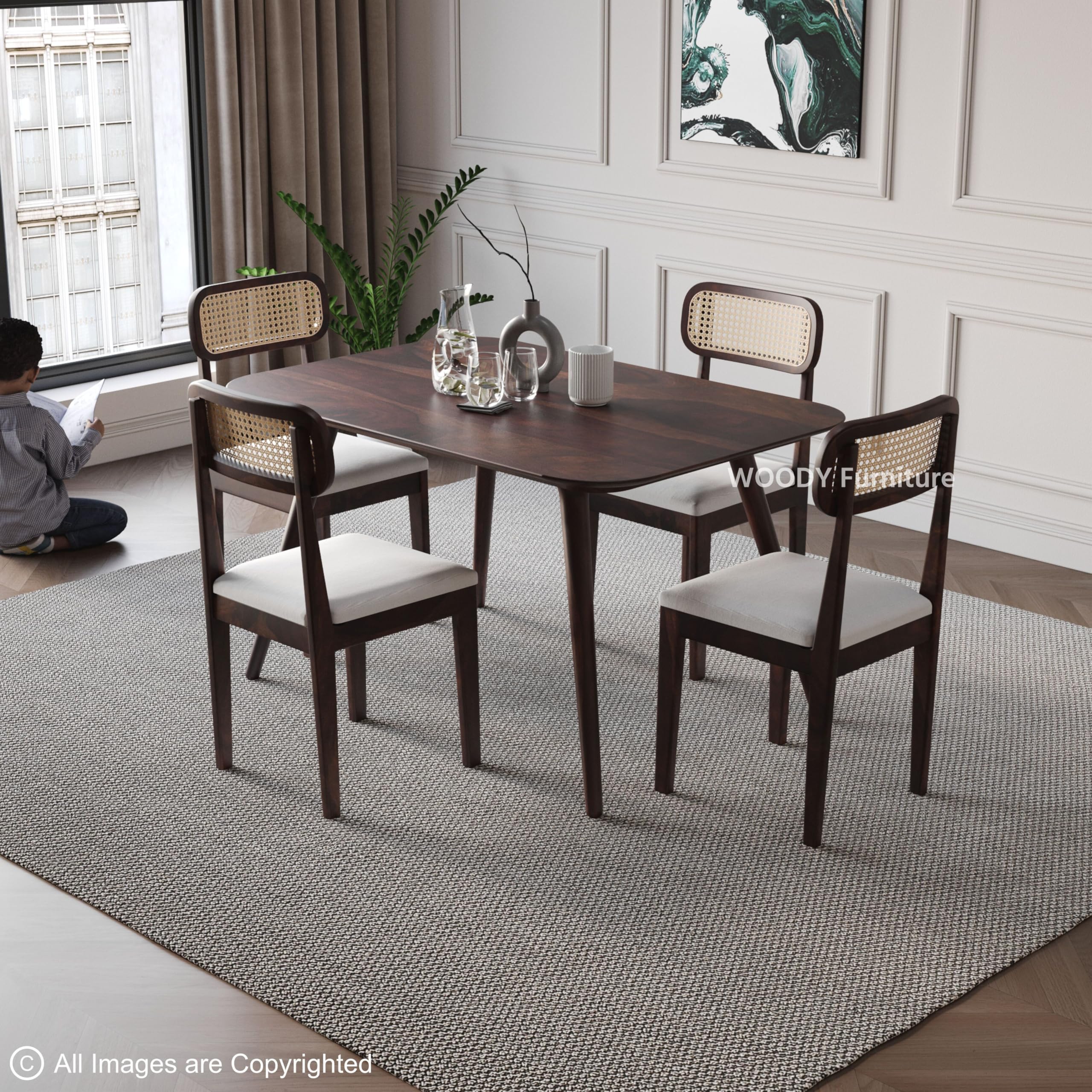 WOODY Furniture™ Wooden Dining Table Set of 4 | Rattan Dining Table 4 Seater with Chairs | Solid Wood Dining Set 4 Seater for Hotel Kitchen Restaurant | Modern Dining Room Set (Walnut Finish)