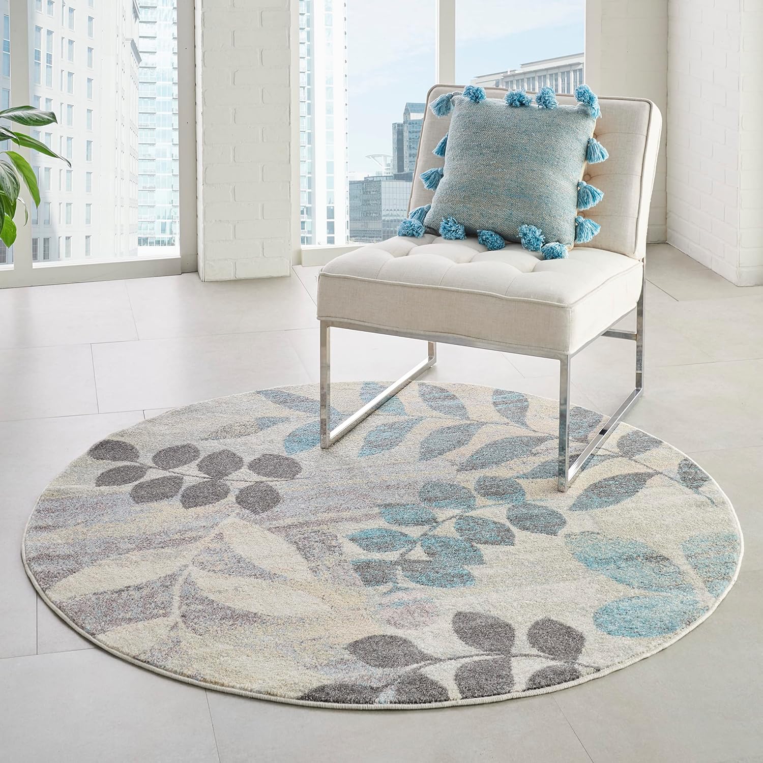 Nourison Home Tranquil Ivory/Light Blue 7’10” x Round Area Rug - Easy Clean, Non Shedding, Bed Room, Living Room, Dining Room, Kitchen (8' x Round)