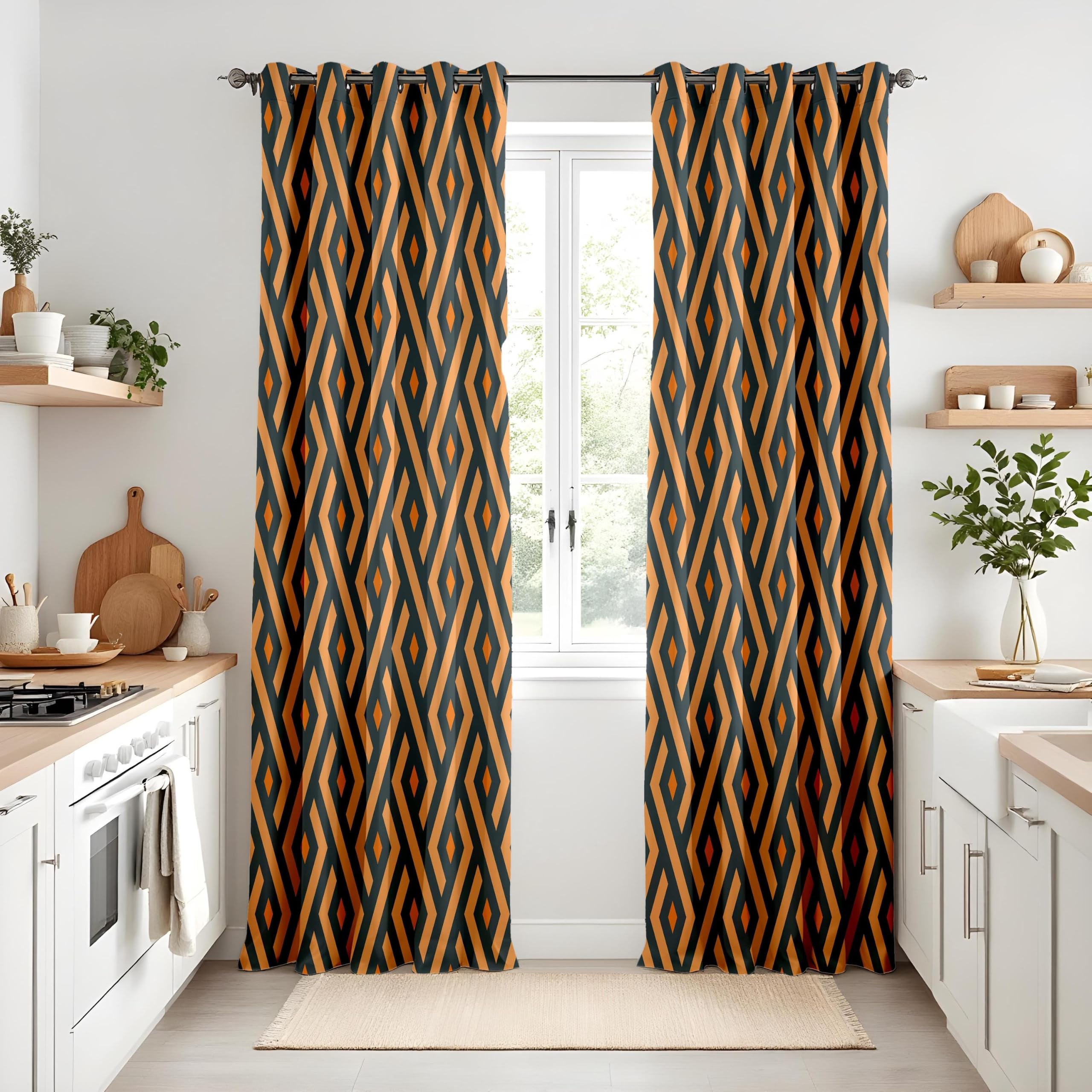 Rideaux occultants géométriques Art Déco, Motifs Audacieux Orange et Noir à Losanges, Panneaux de fenêtre à Motif Abstrait pour Une décoration intérieure Moderne (L x H / 2 x 200 x 265 cm)