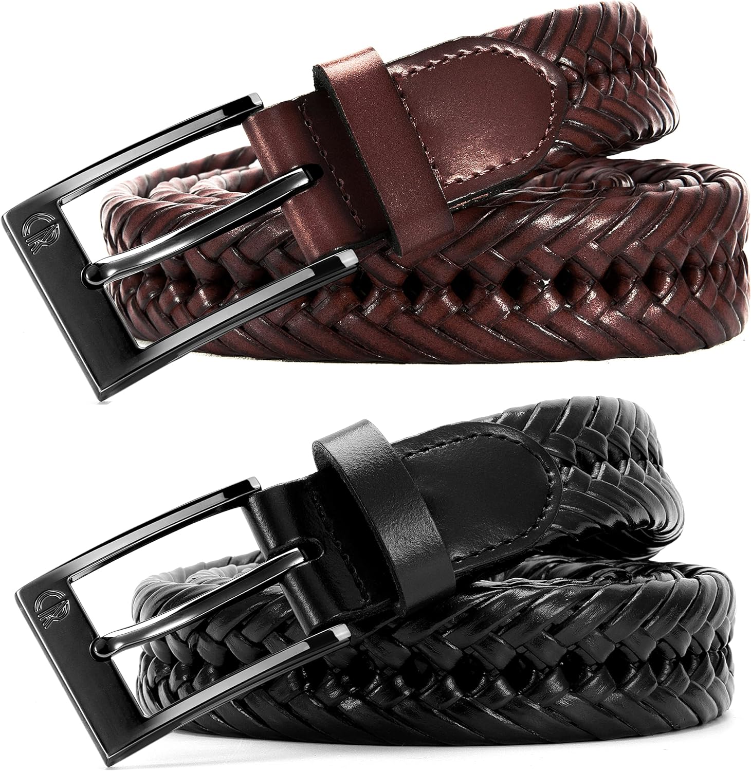 CHAOREN Leather Braided Belts for Men 2 Pack - 1 1/8" Leather Belts in Package Box - Versatile Style Solution