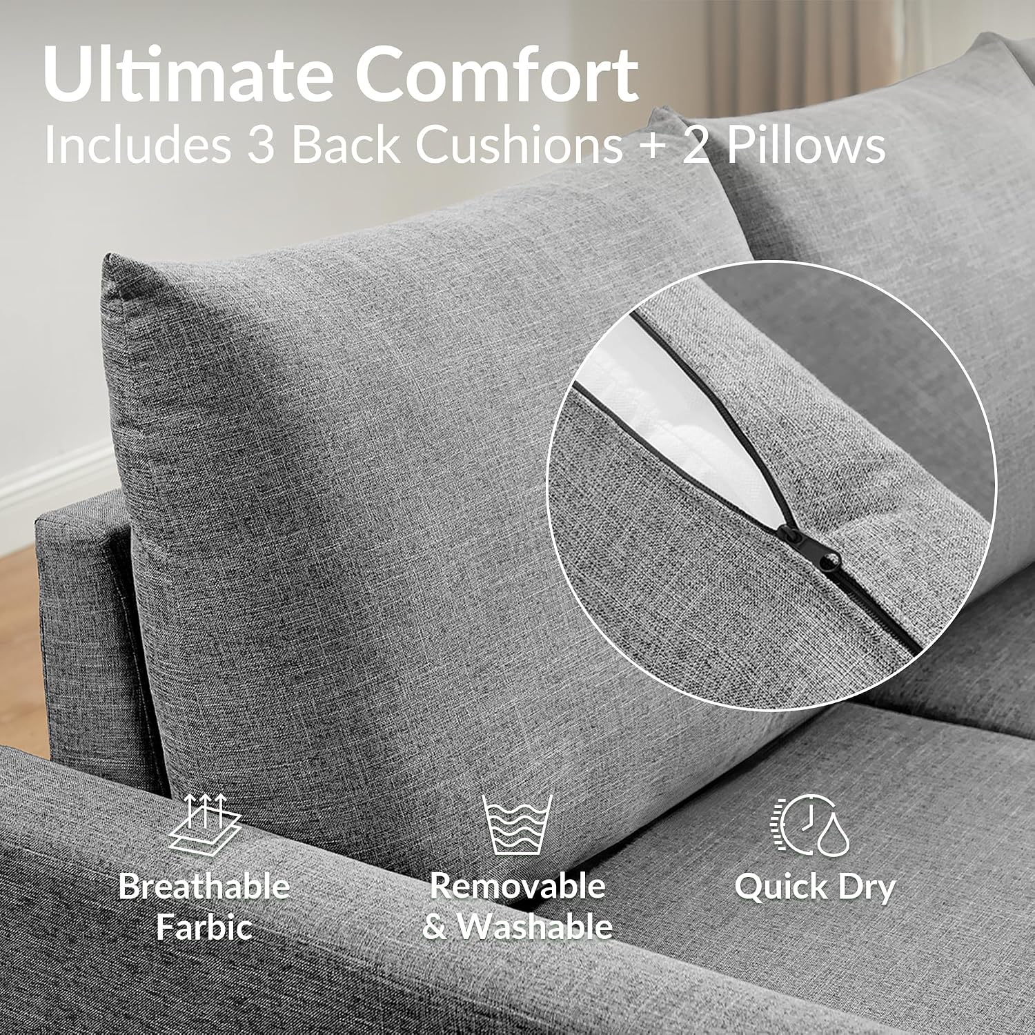 Close-up of sofa cushion with zipper, indicating removable and washable fabric