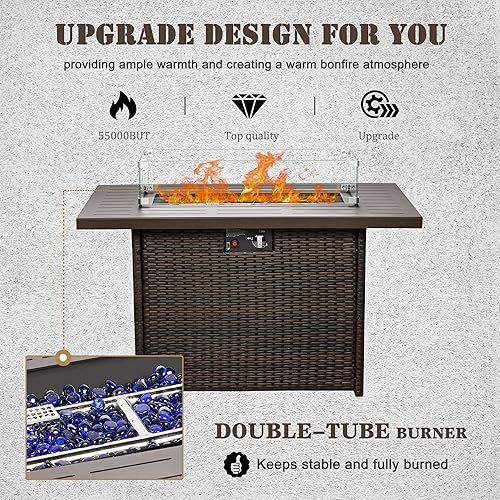 Miniatura 3 de Mesa para fogata de propano, 44 pulgadas, 55000 BTU, rectangular con protector de viento de vidrio para patio exterior (parte superior de aluminio