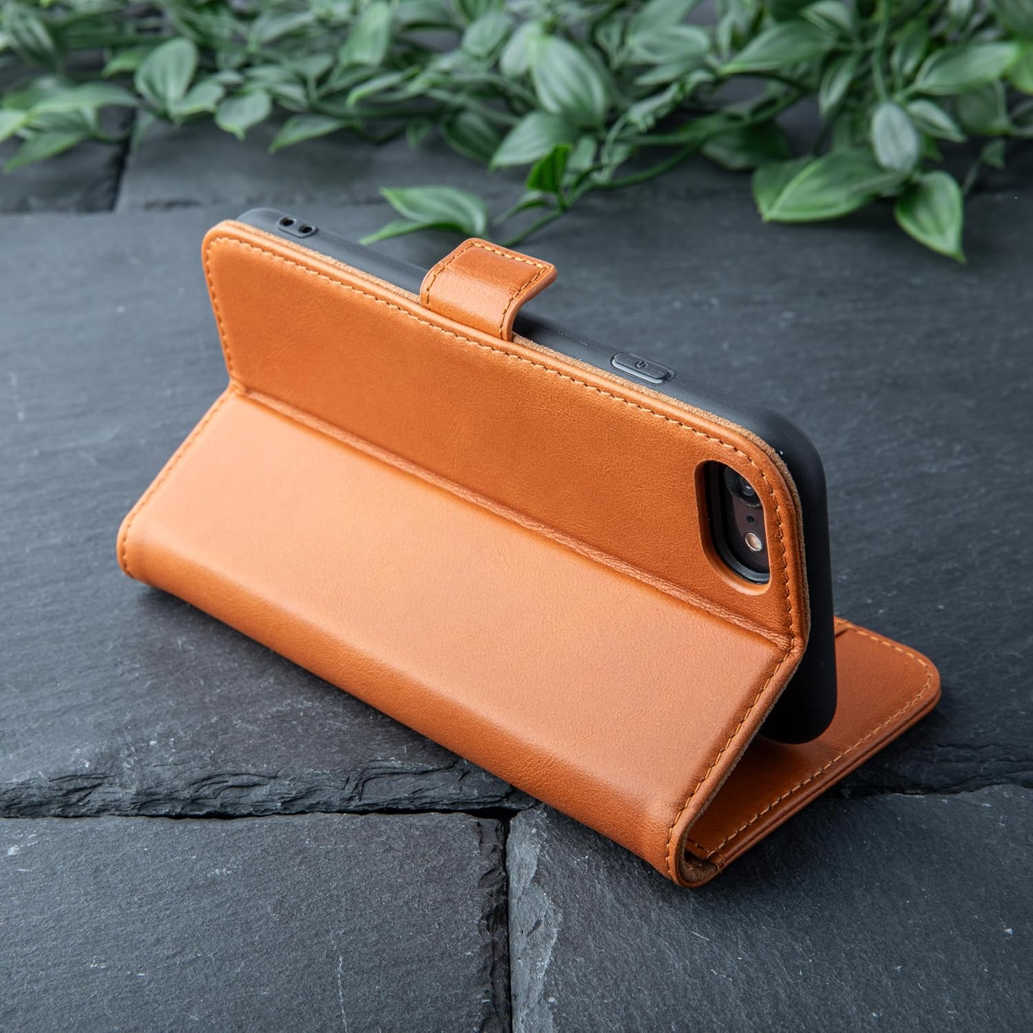 Snakehive Genuine Leather Wallet Case for iPhone SE 2022/2020– Flip Cover with Card Slots & Stand (Smooth Tan)