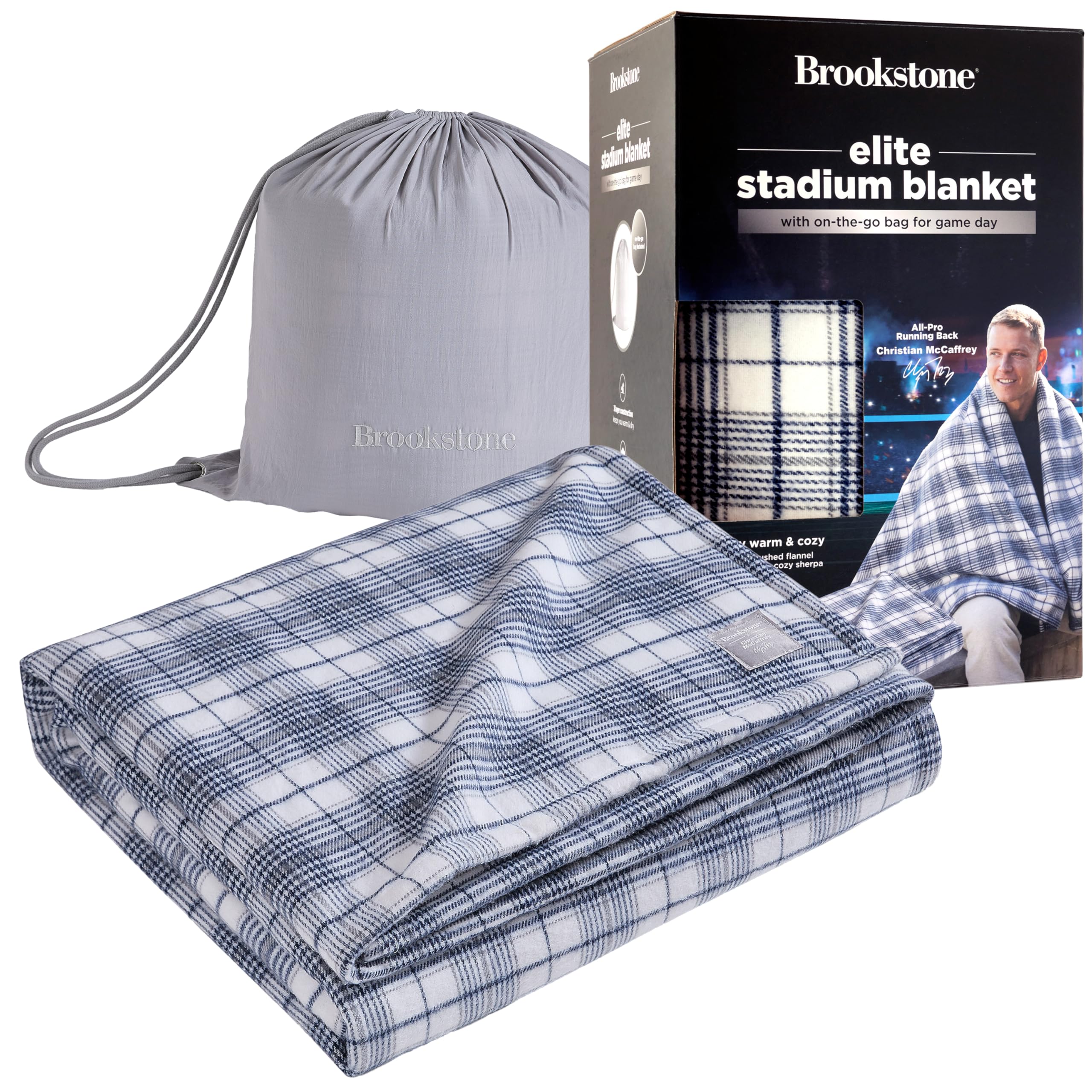 Brookstone Elite Stadium Blanket – Oversized Waterproof Outdoor Blanket 70'' x 60'' - Brushed Flannel & Sherpa, Portable w/Carry Bag, Machine Washable for Tailgating, Sports Events, Fire Pits – Blue
