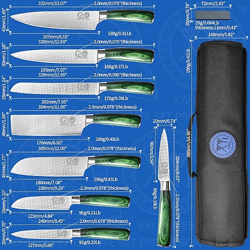 Miniatura 2 de XYJ Juego de cuchillos de cocina de acero inoxidable, 8 piezas, cuchillo Nakiri para verduras, carne, jamón, filete, pan, rebanada, con bolsa de