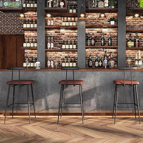 Miniatura 7 de Juego de 2 taburetes de bar altos con respaldo y reposapiés, sillas de bar de altura de mostrador, taburetes de bar industriales con cojín de piel
