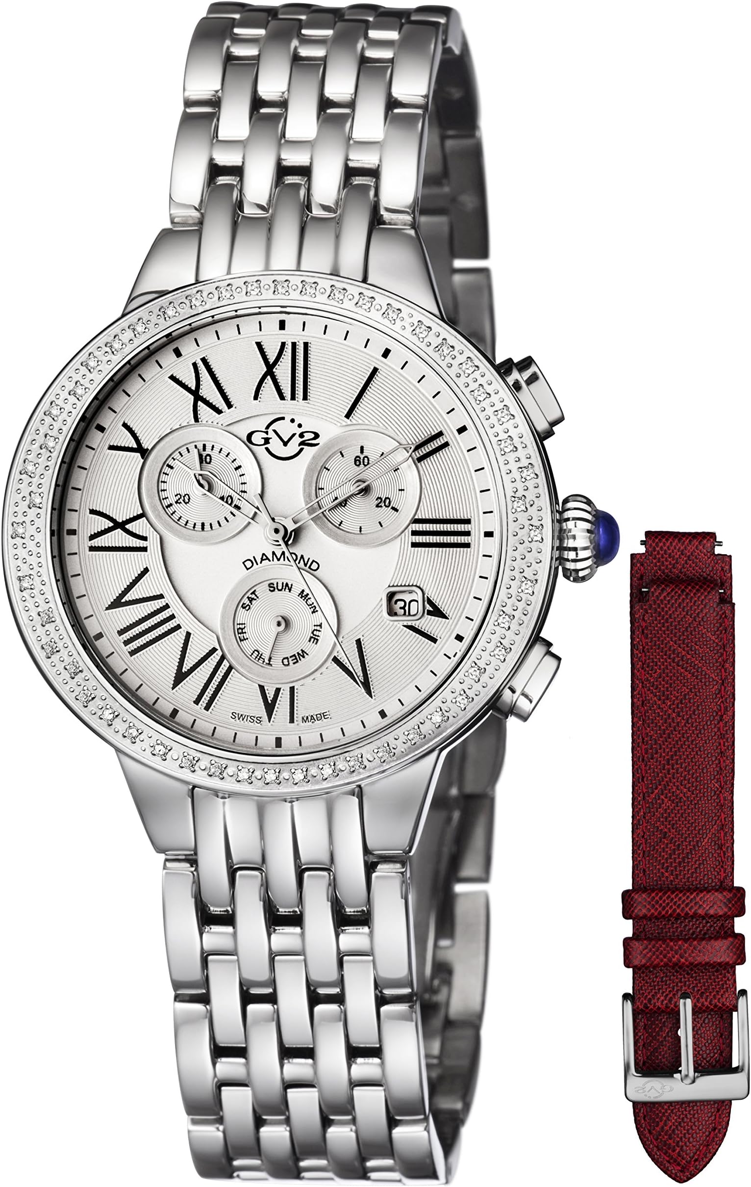 GV2 by Gevril Astor Chronograph Womens Diamond Swiss Quartz Stainless Steel Bracelet Watch, (Model: 9130)