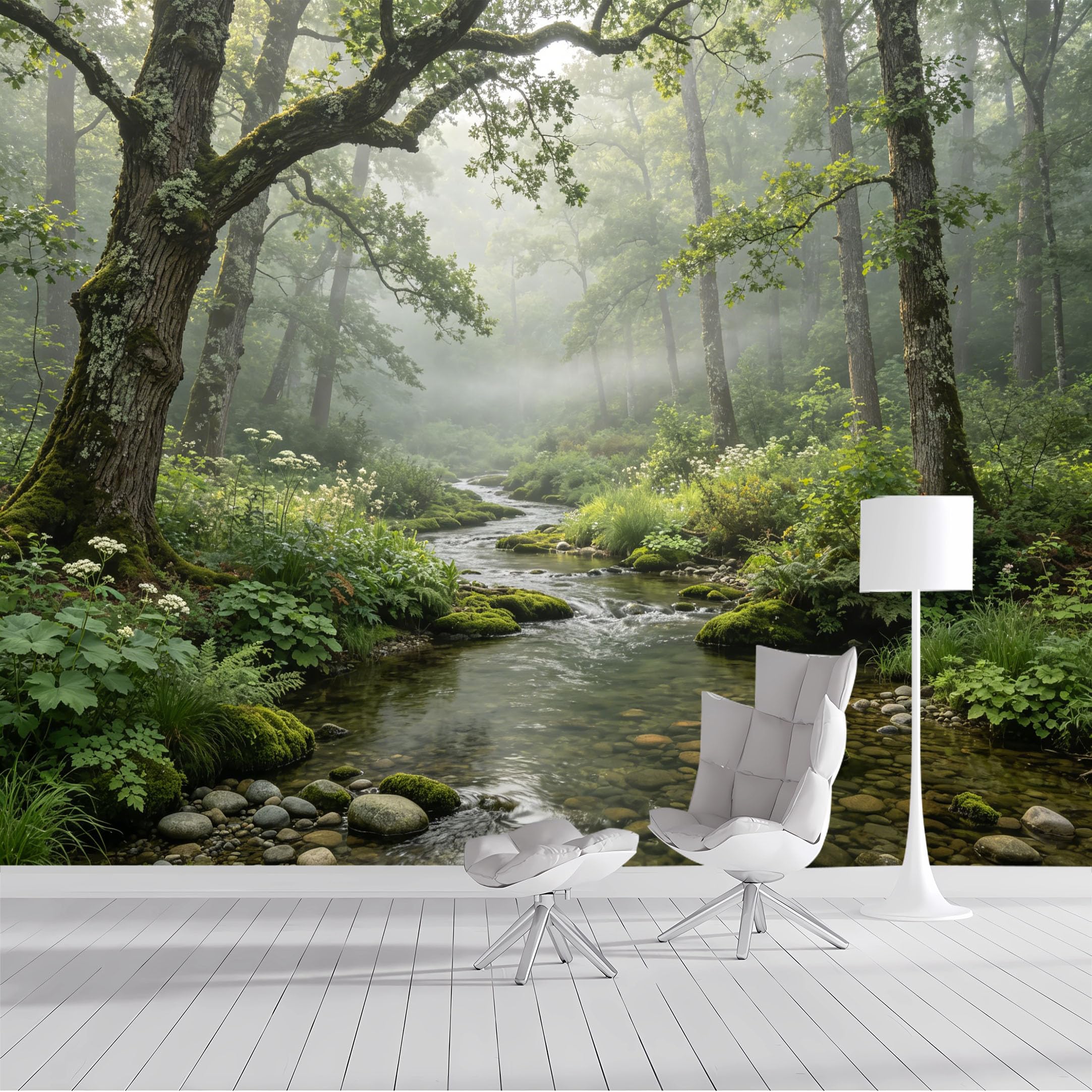 Custom Size Wall Mural Misty Forest Stream Mountain Landscape Botanical Watercolor SelfAdhesive Wall Fabric Removable Peel and Stick Wallpaper Wall Decor for Living Room Bedroom Bathroom