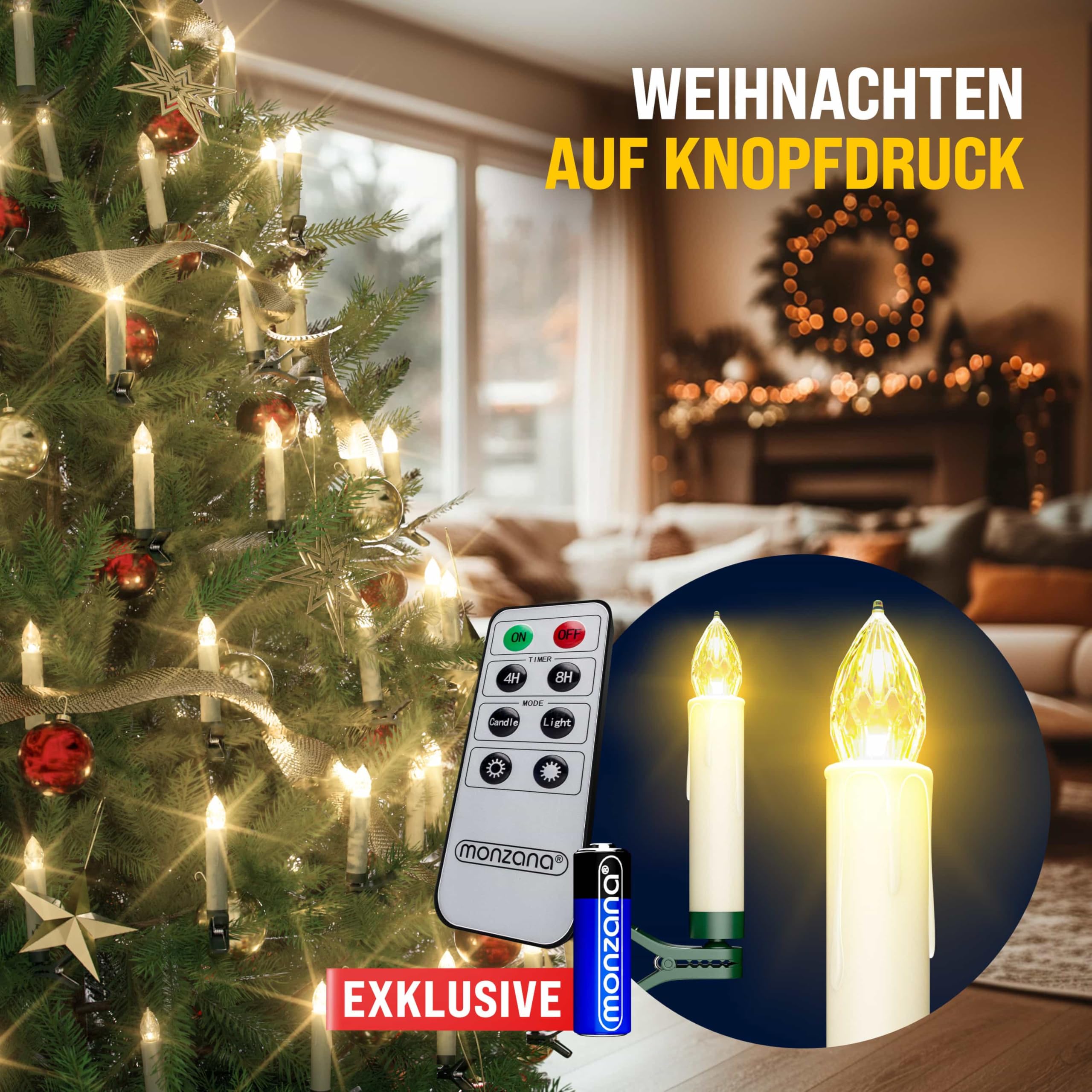 Monzana® Christbaumkerzen LED Kabellos 30er Set Batterie Timer Fernbedienung Echtwachs Optik Lichterkette Weihnachten Flackernd Warmweiß Tannenbaum
