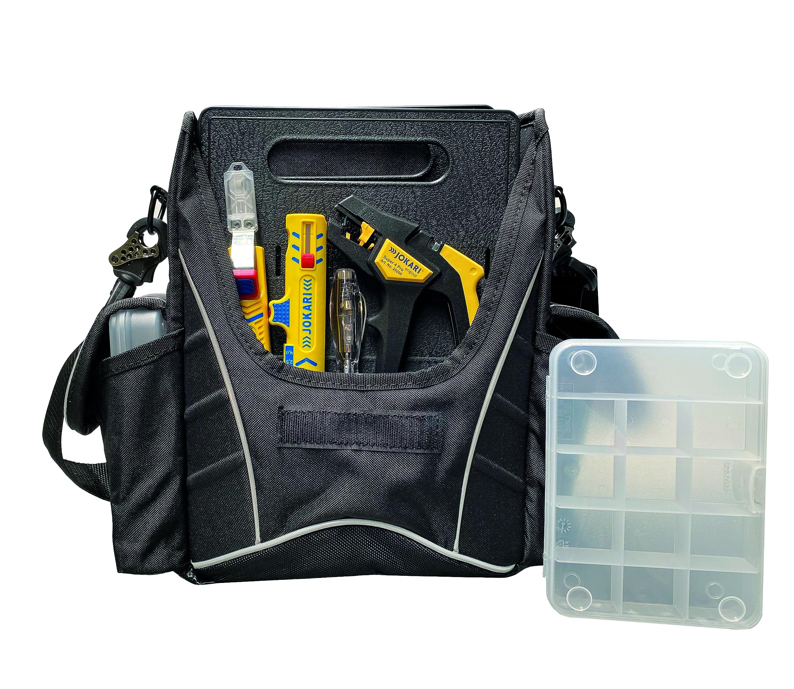 Jokari Azubitasche 490031 - Bolsa de herramientas (relleno con desenredador, pelacables, comprobador de fases y cuchillo para cables, bolsa de alta calidad)
