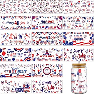 gisgfim 16 Sheet 4th of July UV DTF Cup Wrap Transfer Stickers Memorial Day Independence Day Rub on Transfers American Flags Gnomes Wrap Transfers Decals for 16OZ Glass Cups Furniture DIY Crafts