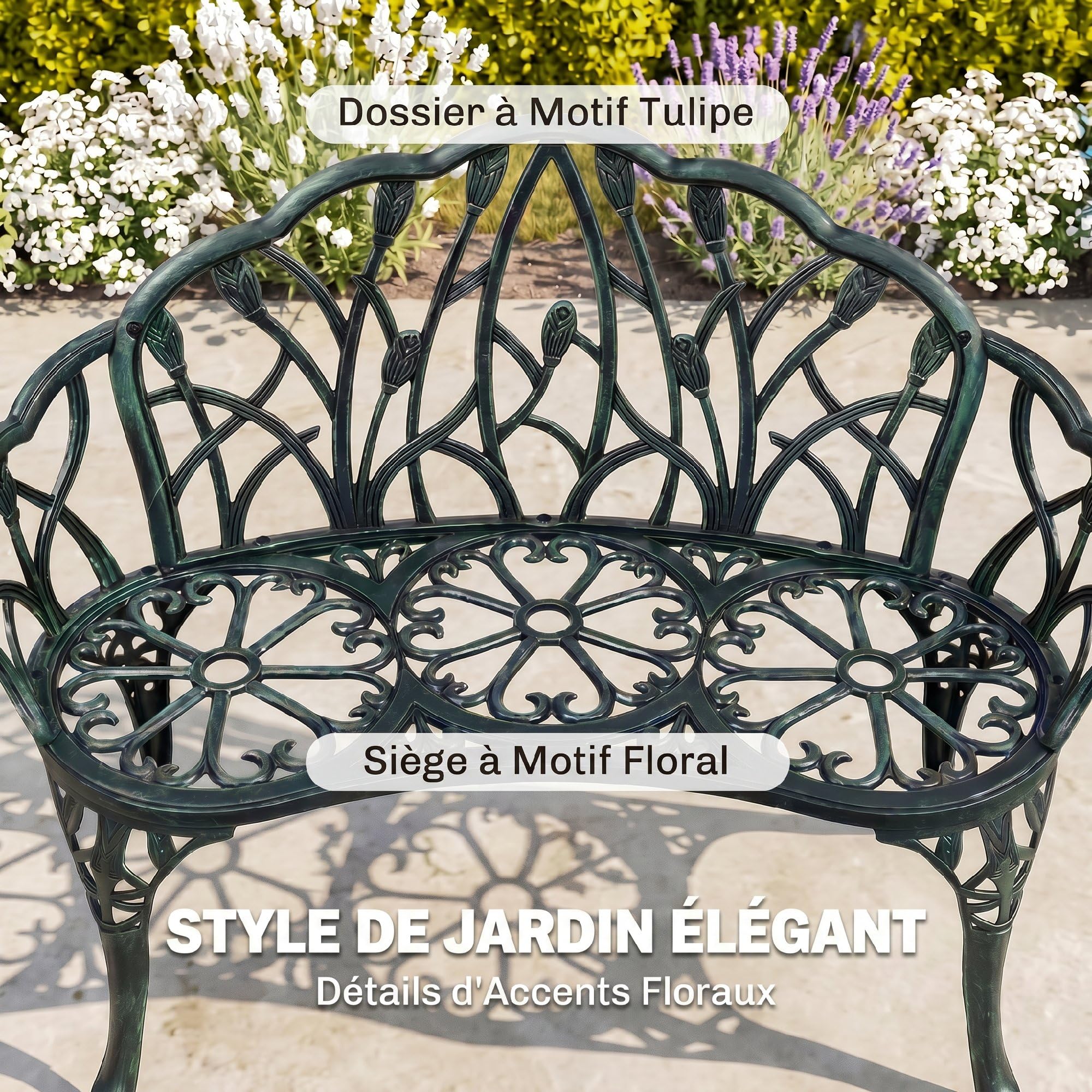 Outsunny Banc de Jardin en Aluminium Moulé 99 x 57 x 78 cm Vert Antique