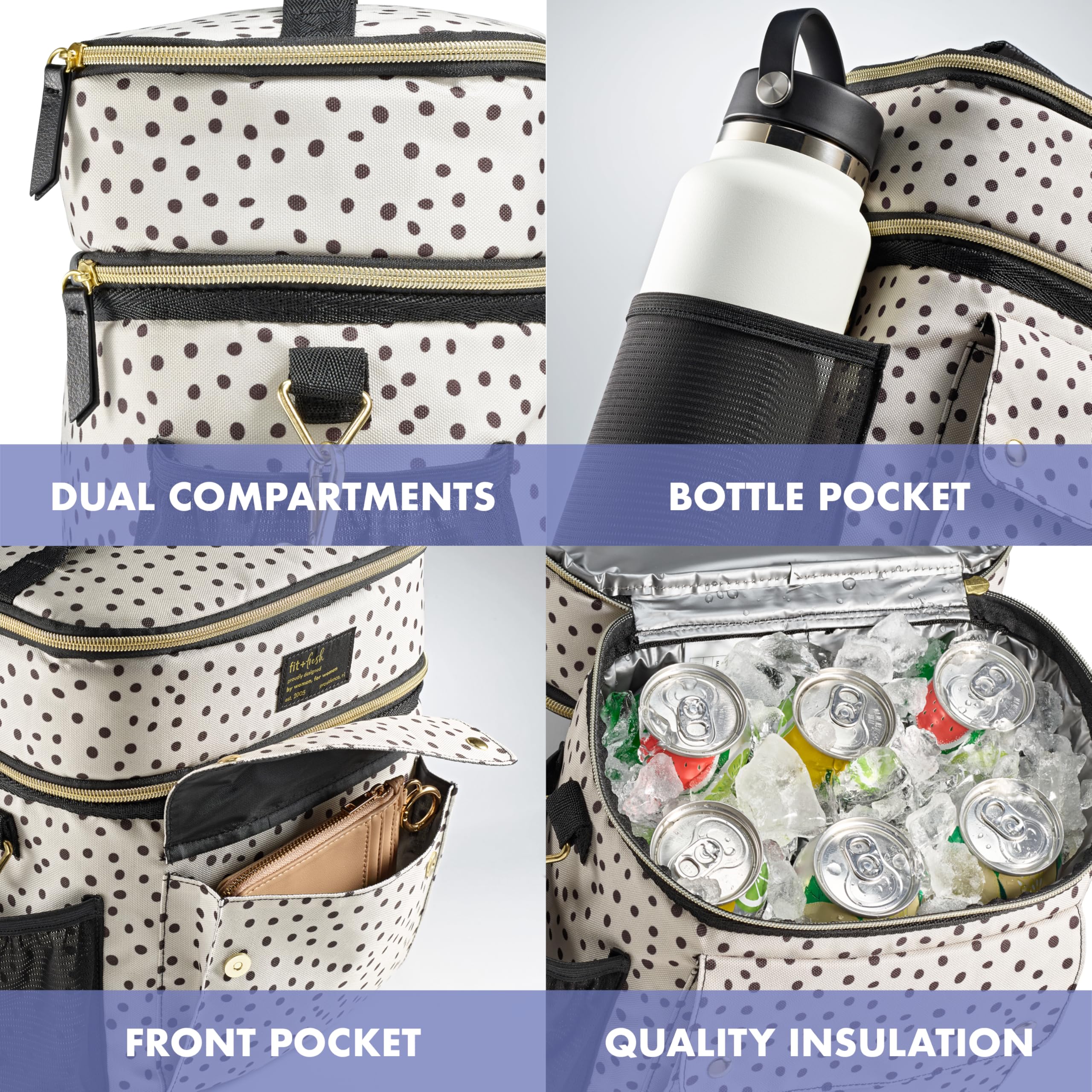Fit & Fresh Westminster - Bolsa de almuerzo isotérmica con doble compartimento para mujer, paquete completo con 2 contenedores, bolsa isotérmica de doble compartimento con correa ajustable, lunares
