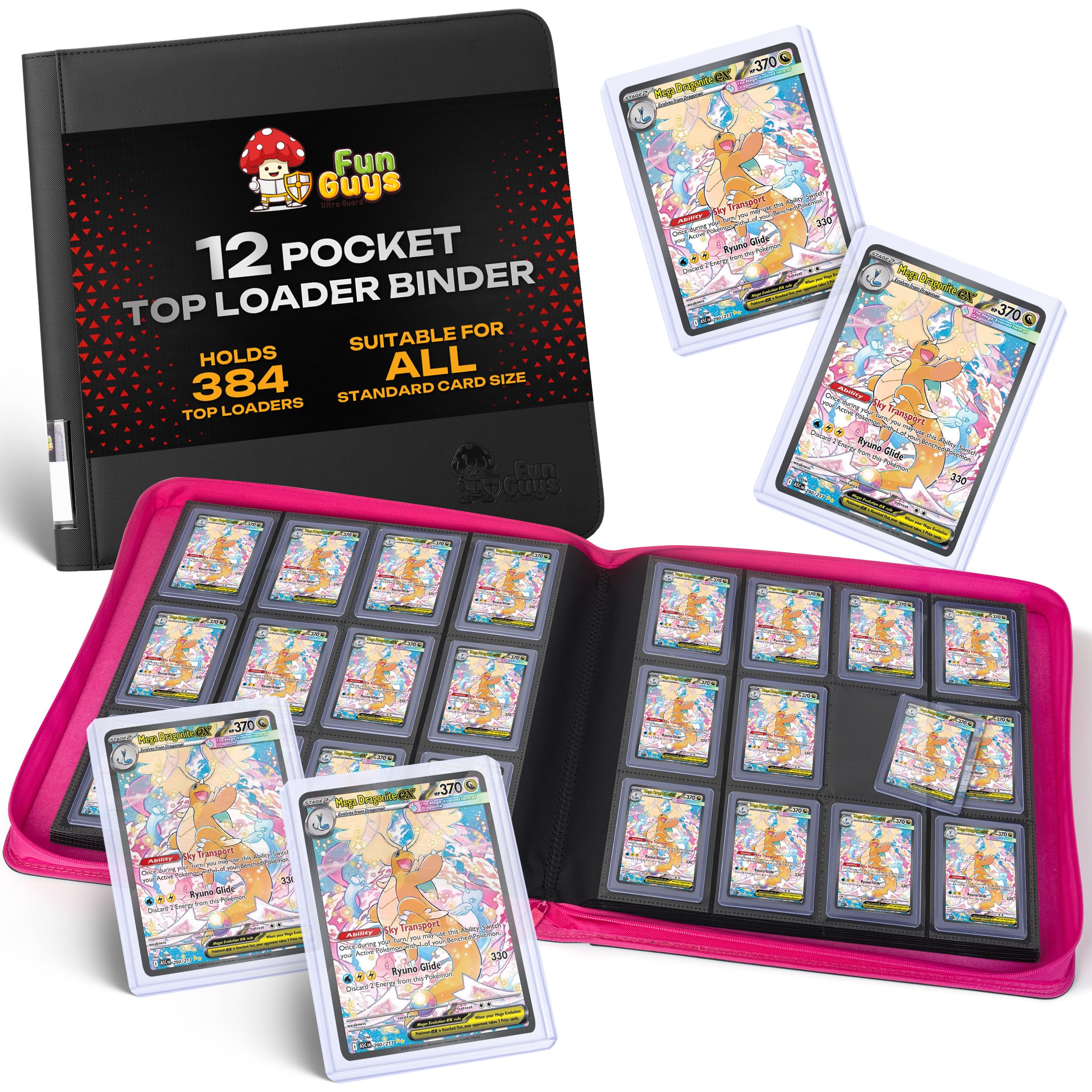 FunGuys Toploader Binder 12 Pocket – 384 Card Trading Card Album with Zipper, Side Loading Storage for Pokémon, Sports Cards & TCG Collection