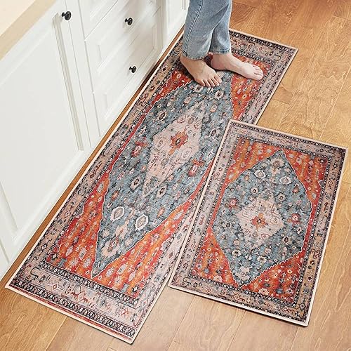 Juego de 2 alfombras de cocina lavables para piso, hogar, fregadero, baño, antideslizante, acolchado, alfombra de cocina de granja, alfombra de pie