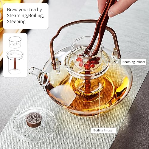 Miniatura 8 de Tetera de vidrio con 2 infusores para estufa, vidrio de borosilicato grueso resistente al calor, 46 onzas líquidas, tetera de vidrio para té de