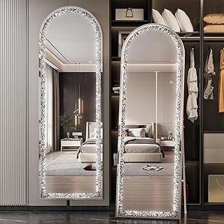 180 X 60cm LED Full-Length Mirror Arch Design with Crystal Crush Diamond, Wall Mounted Diamond Mirror Leaning for Living Room Bedroom Dimming & 3 Color Modes