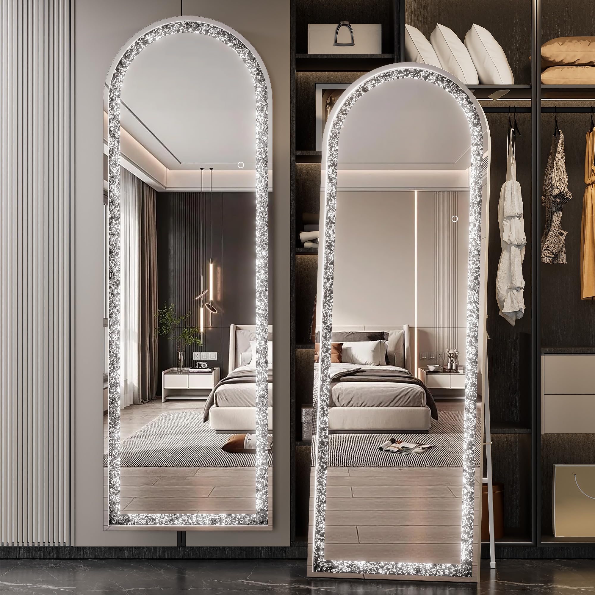 Photo 1 of 71"×24" Full-Length Mirror with Lights- Arch Crystal Crush Diamond Wall Mounted Hanging Diamond Mirror Leaning for Living Room Bedroom