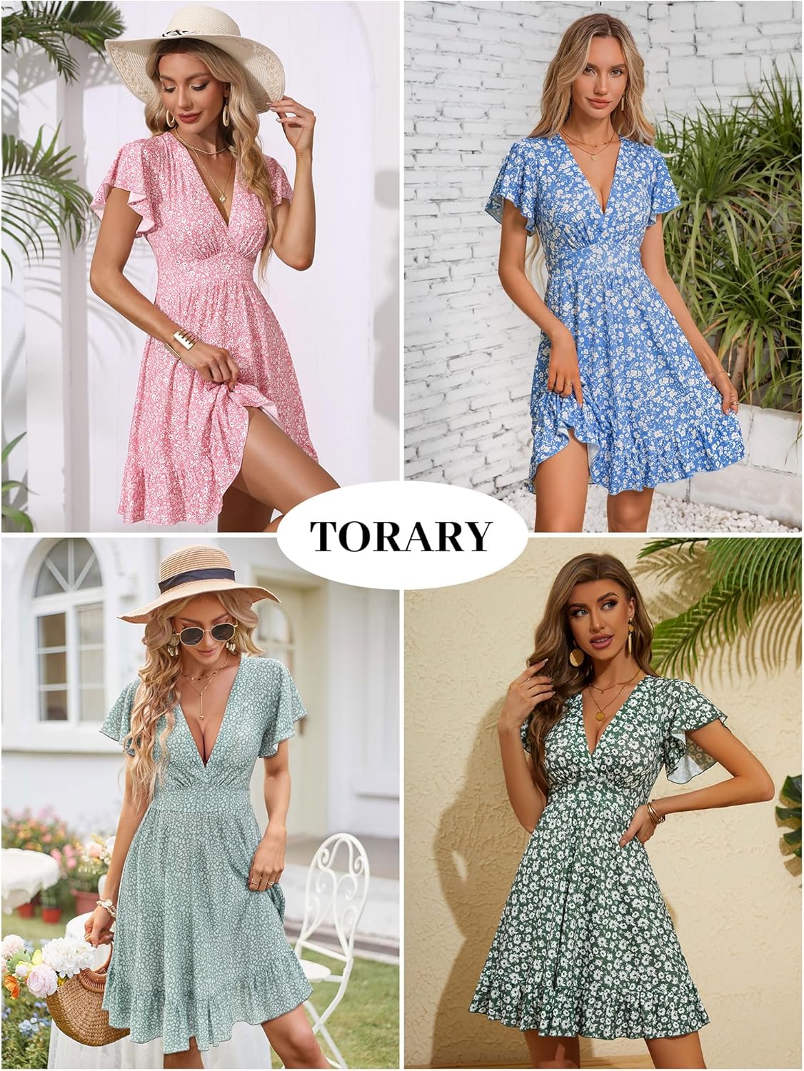 TORARY Womens Summer Dresses 2026 Floral Cap Sleeve Wrap V Neck Ruffle A-Line Sun Dress - Image 5