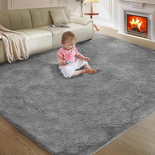 Alfombra ultra suave para sala de estar, 5 x 8 pies, alfombra de área gris esponjosa para dormitorio, alfombra moderna de pelo lanudo para niños y