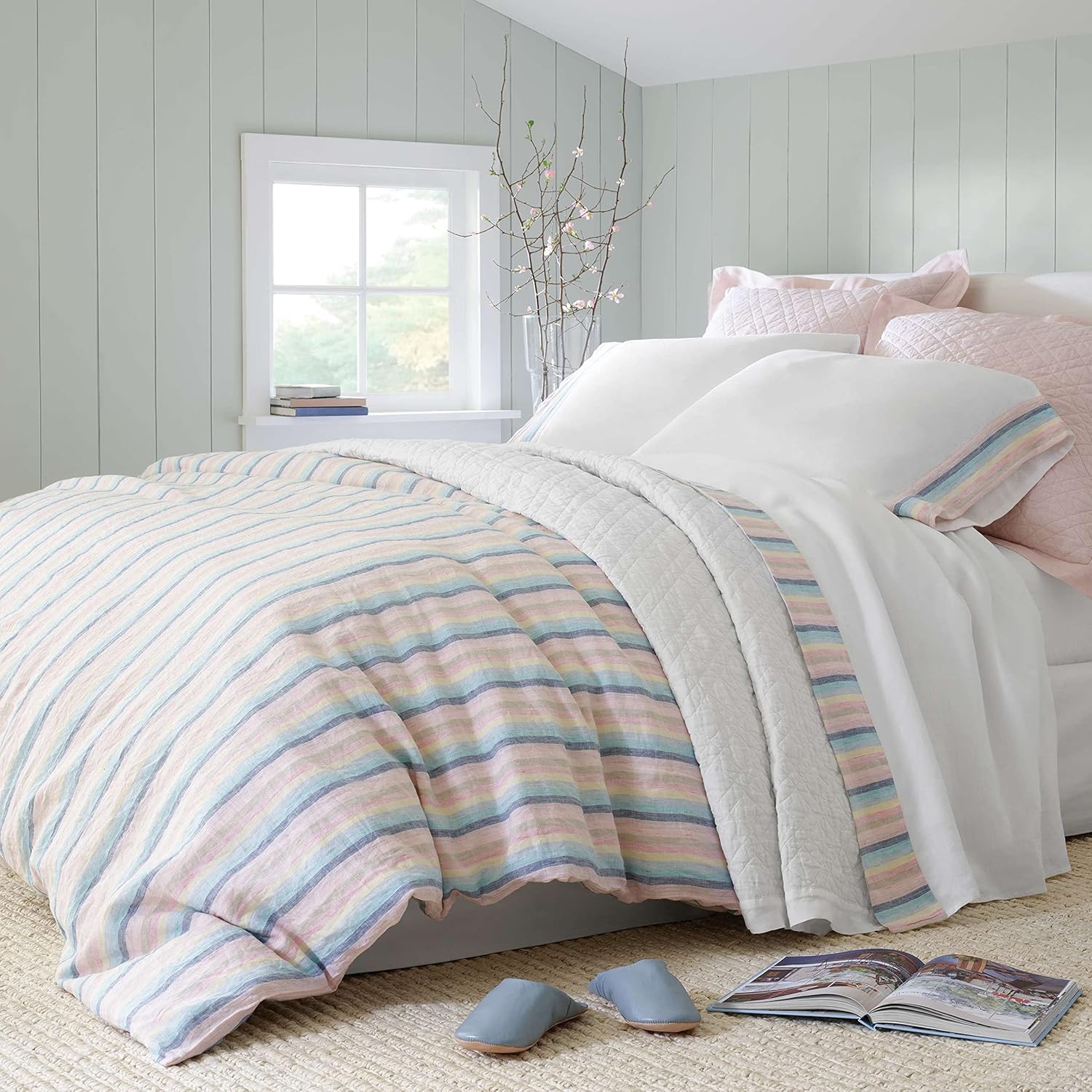Pine Cone Hill Washed Linen Soft Pink Quilted Sham, Euro Size, Pink Solid Pattern
