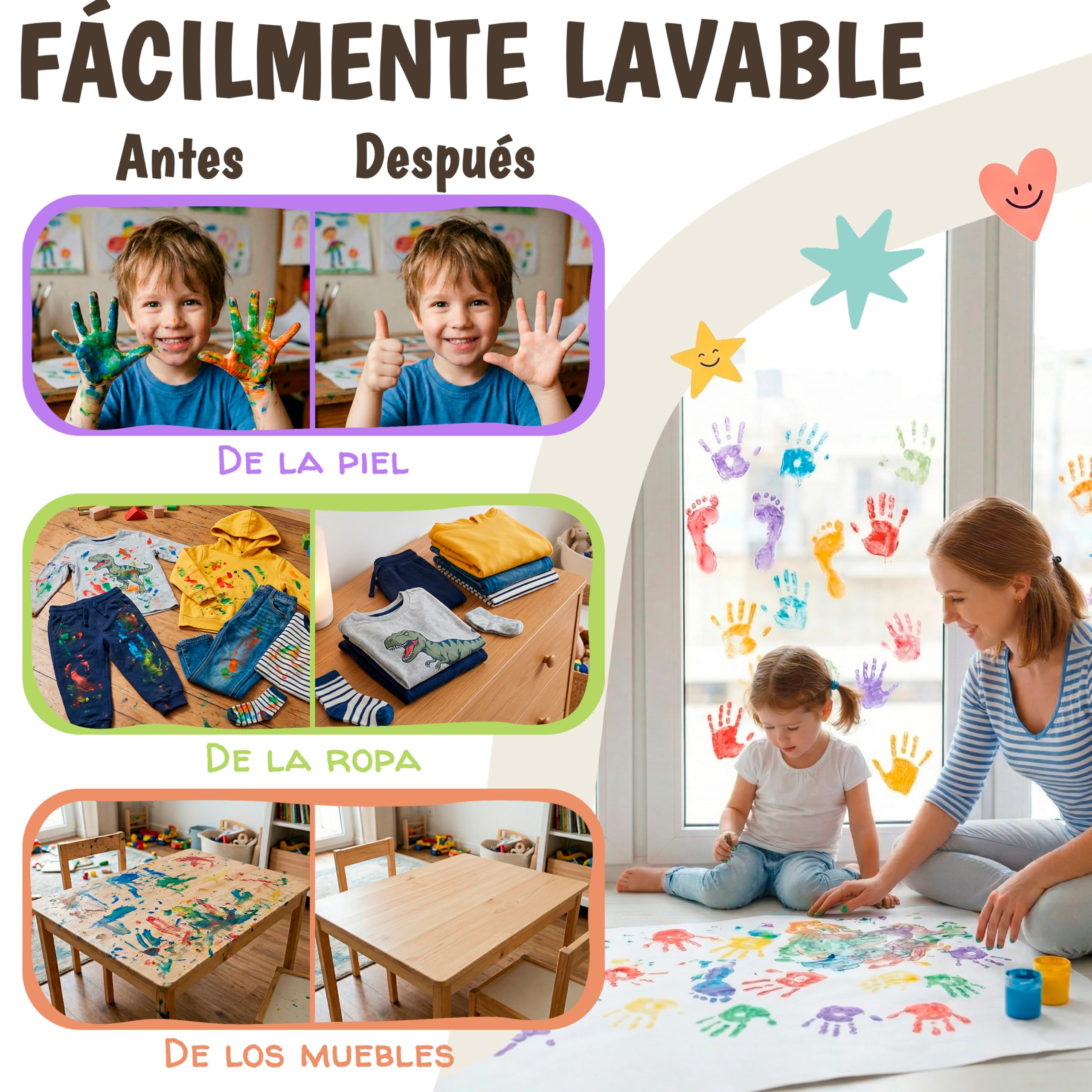 Pintura Dedos Bebe No Toxica Lavable 6x60ml – Pintura de Dedos Para Niños 1, 2, 3 años | Pintar con Manos y Pies | Pinta con Manos & Huellas Bebé Multi Superficia