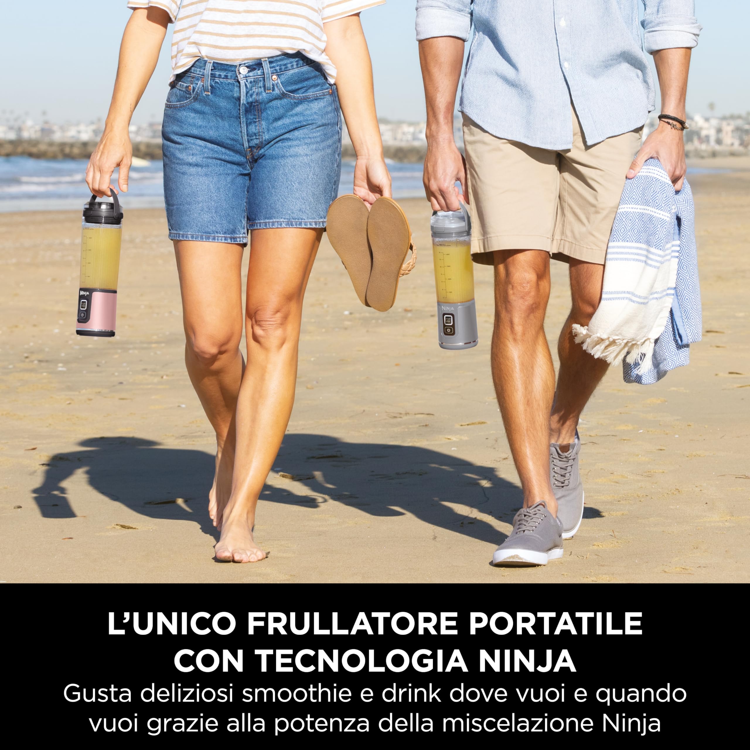 Ninja Blast Frullatore Portatile x2 530 ml, Coperchio Antiperdite e Beccuccio, Senza Filo, Ricaricabile, Frullati Proteici, Frulla Ghiaccio e Frutta congelata, Oro Rosa, Argento Metallico, BC151UKEUGV