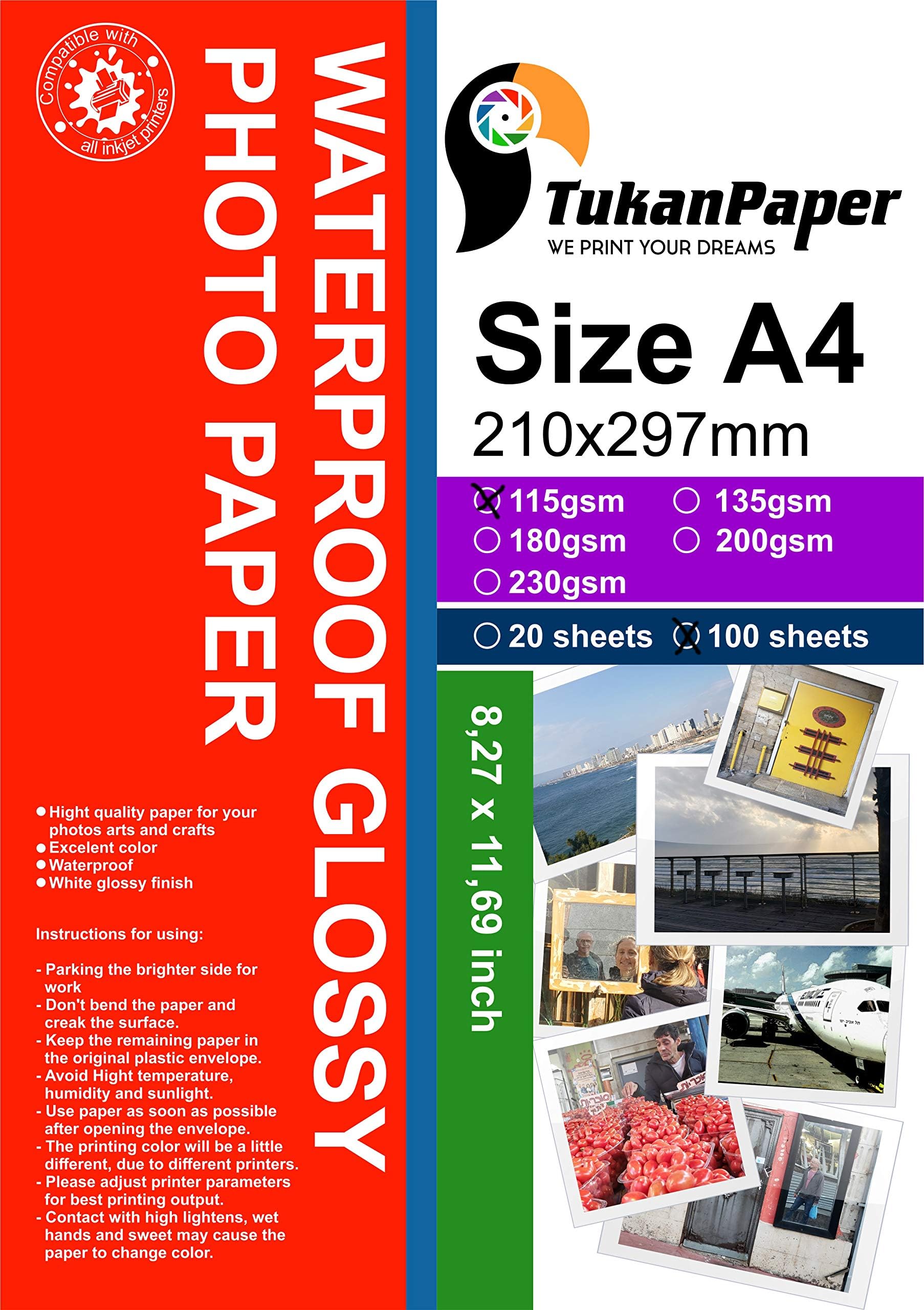 Great Quality Photo Glossy White Paper A4 100 Sheets 8.3x11.7'' 115 gr weight. Dries Quickly Excellent Price Much better finish Best Look Pictures print for all inkjet printer Beautiful Colors