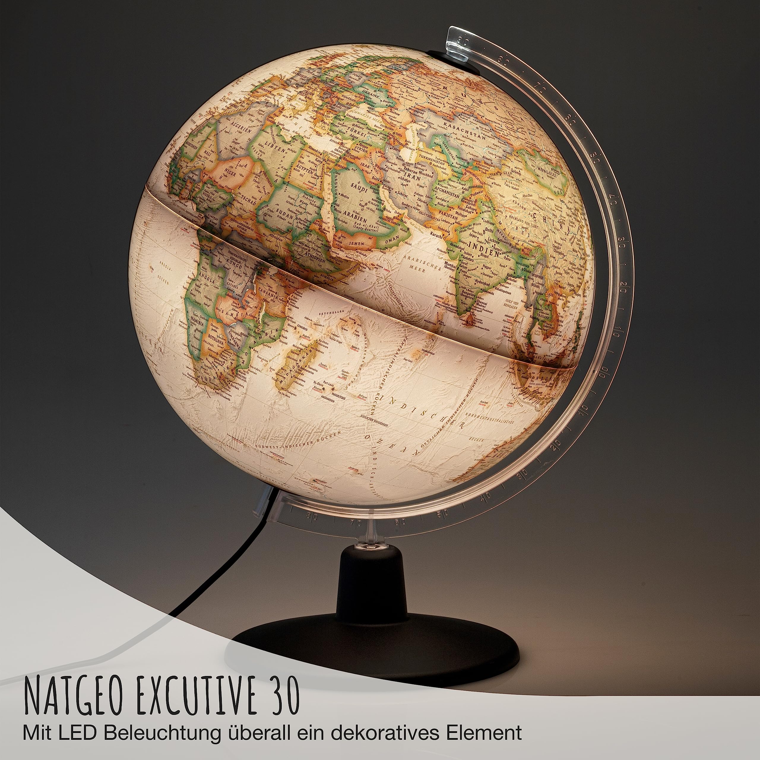 National Geographic NATGEO Executive Antik-Globus - 30 cm Globus mit politisch-physischer Kartografie in deutscher Sprache, beleuchtet und mit drehbaren Kunststofffuß